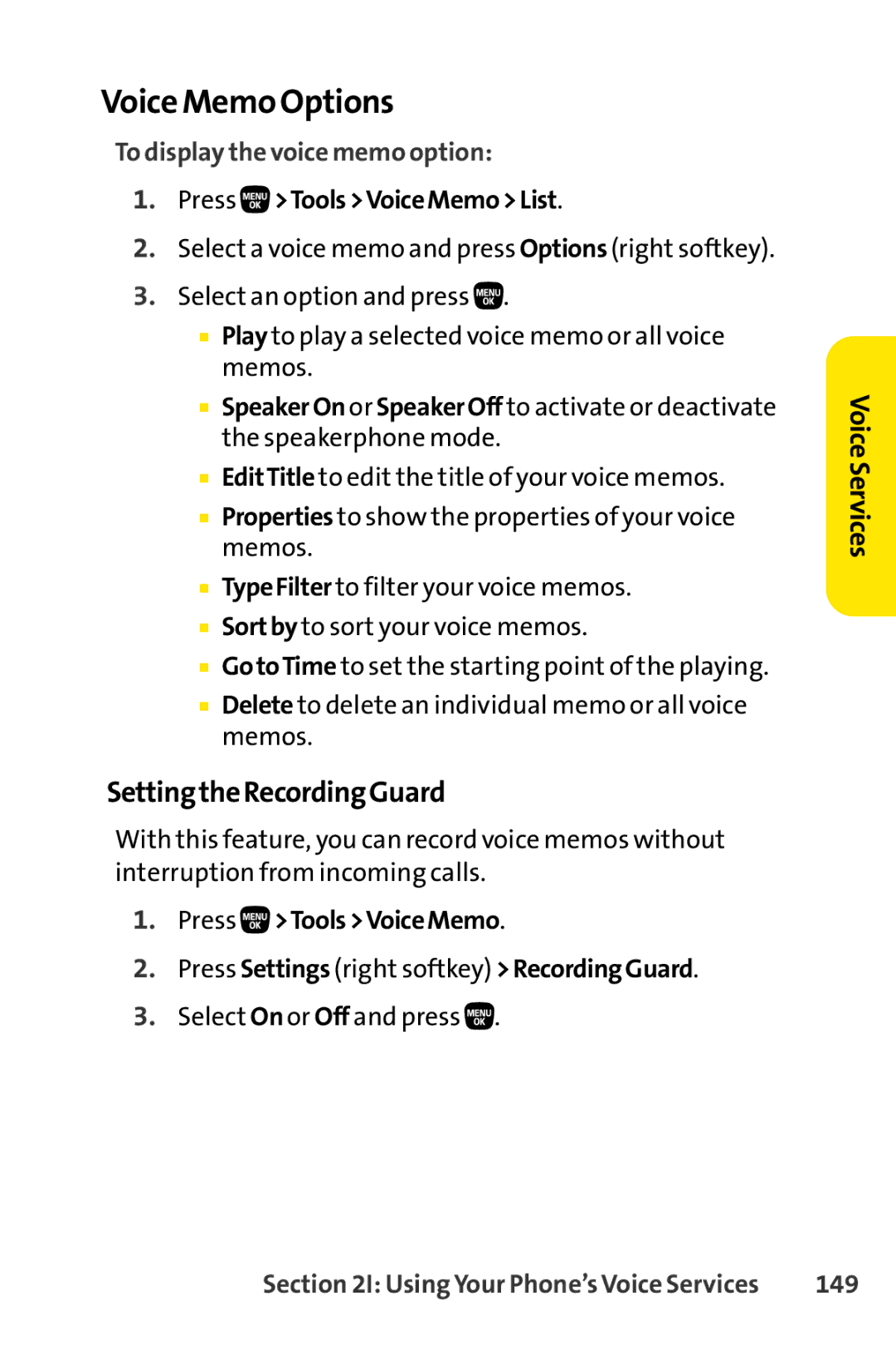 Sanyo PRO-200 Voice Memo Options, SettingtheRecordingGuard, To display the voice memo option, Press ToolsVoiceMemoList 