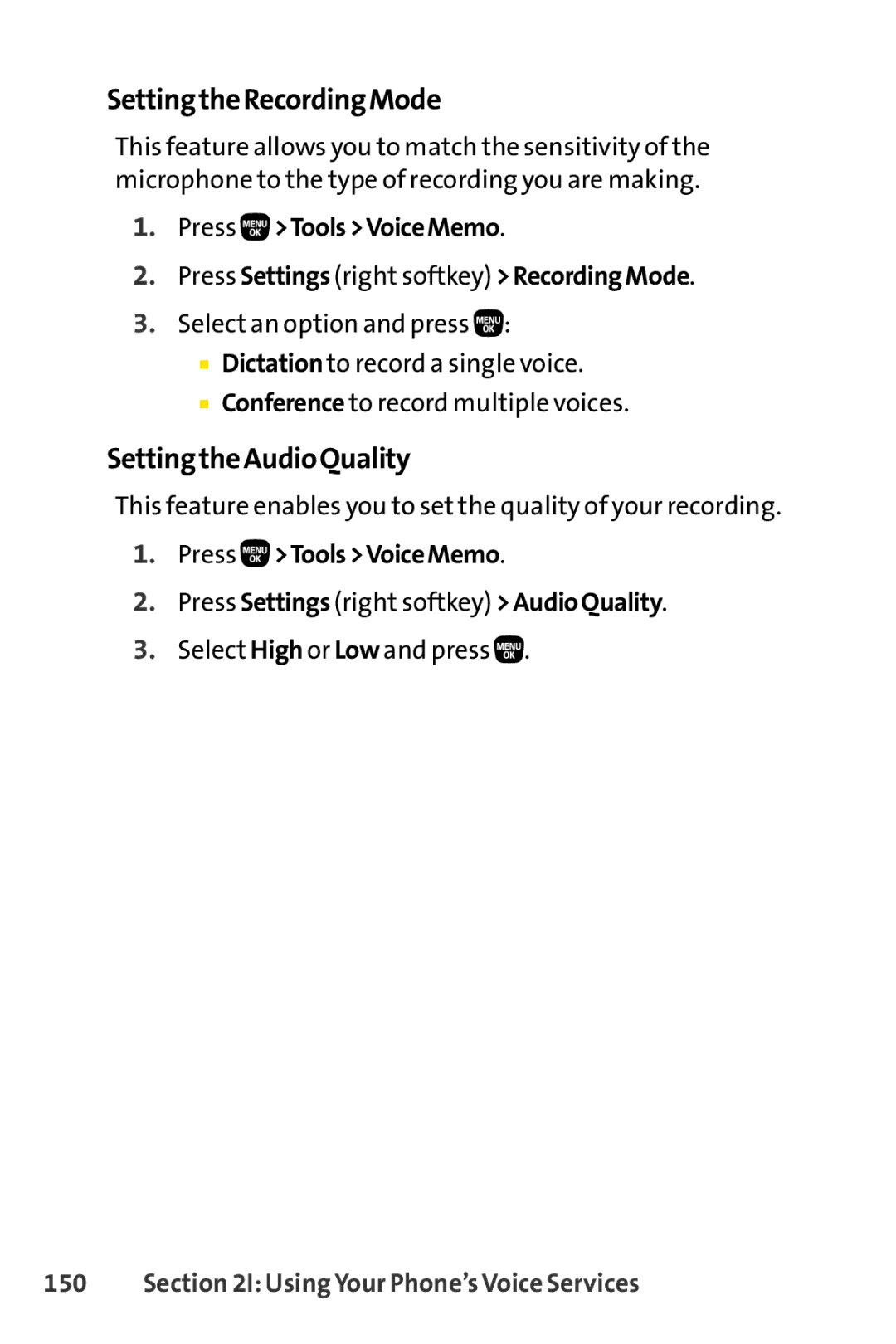 Sanyo PRO-200 manual SettingtheRecordingMode, SettingtheAudioQuality, Press ToolsVoiceMemo 