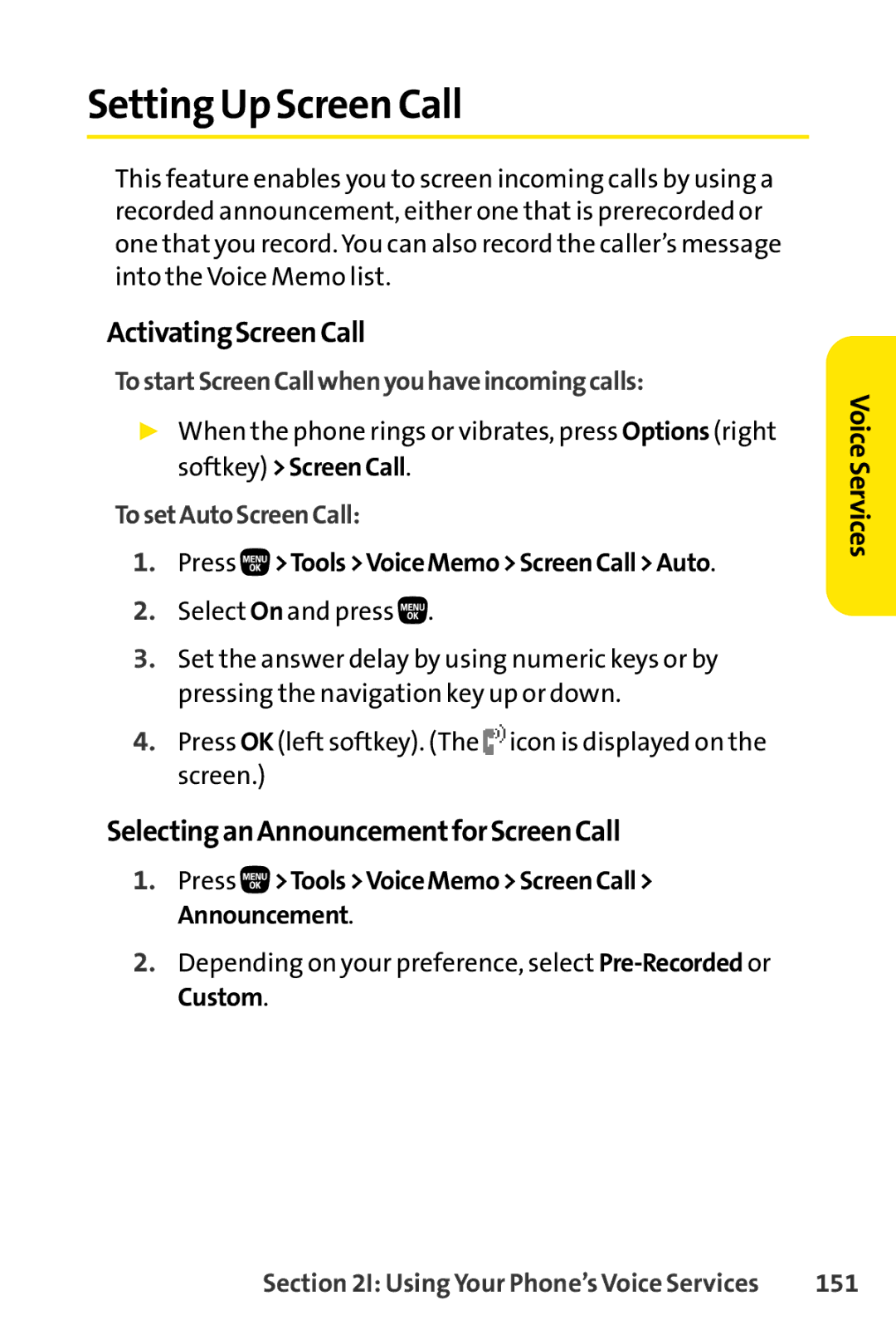 Sanyo PRO-200 manual Setting Up Screen Call, ActivatingScreenCall, SelectinganAnnouncementforScreenCall 