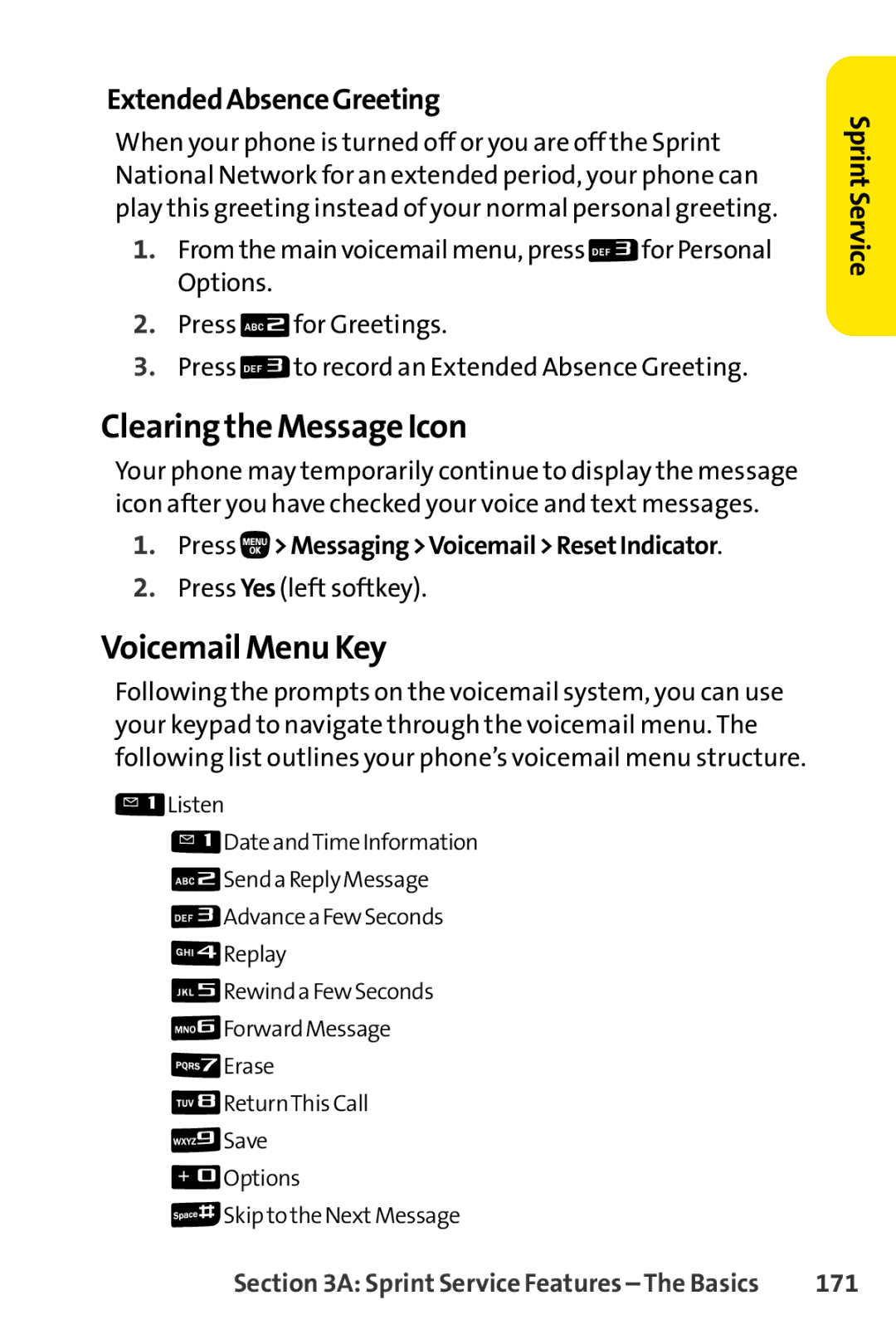 Sanyo PRO-200 manual Clearing the Message Icon, Voicemail Menu Key, ExtendedAbsenceGreeting, 171 