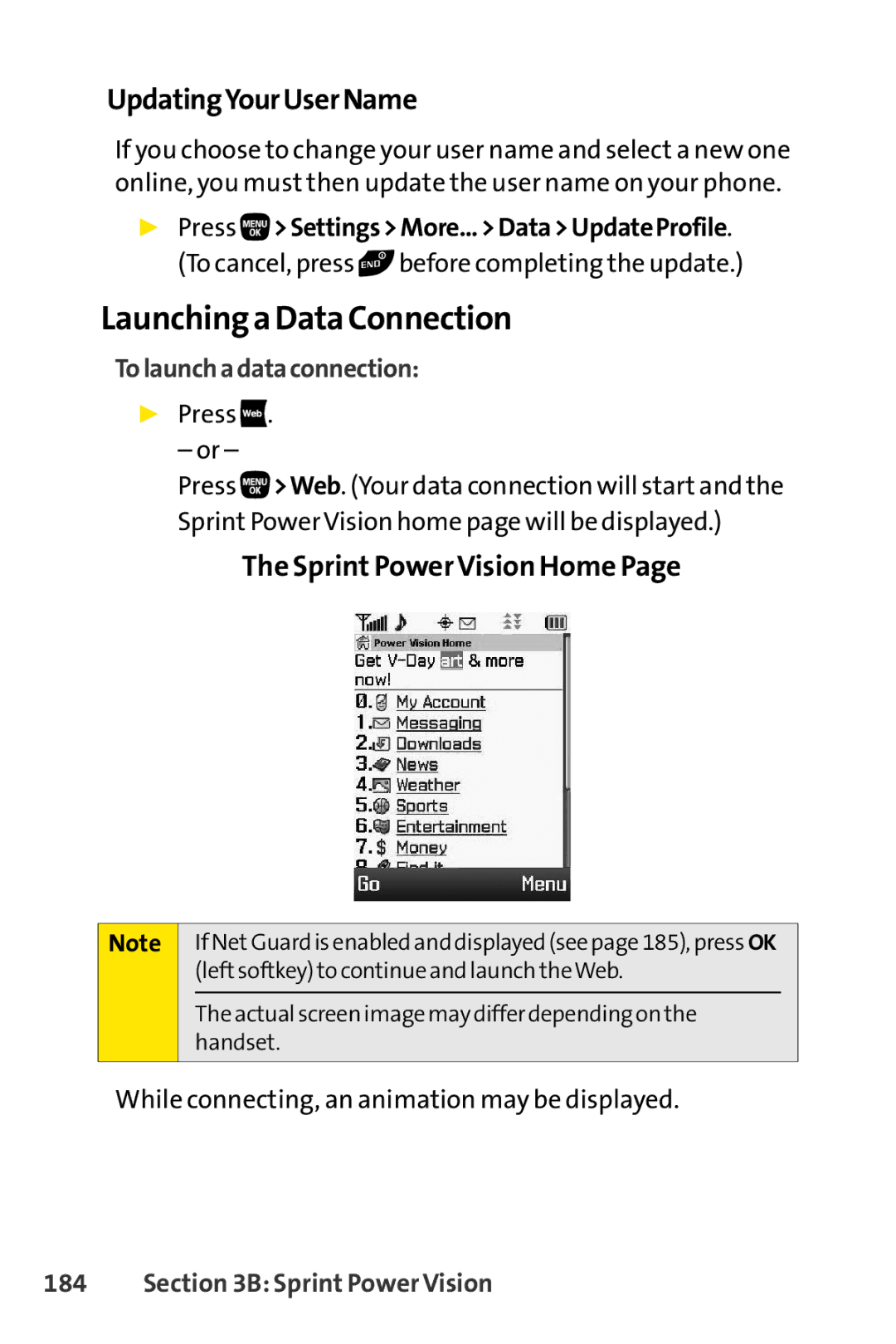 Sanyo PRO-200 manual Launching a Data Connection, UpdatingYourUserName, Sprint Power Vision Home, Tolaunchadataconnection 