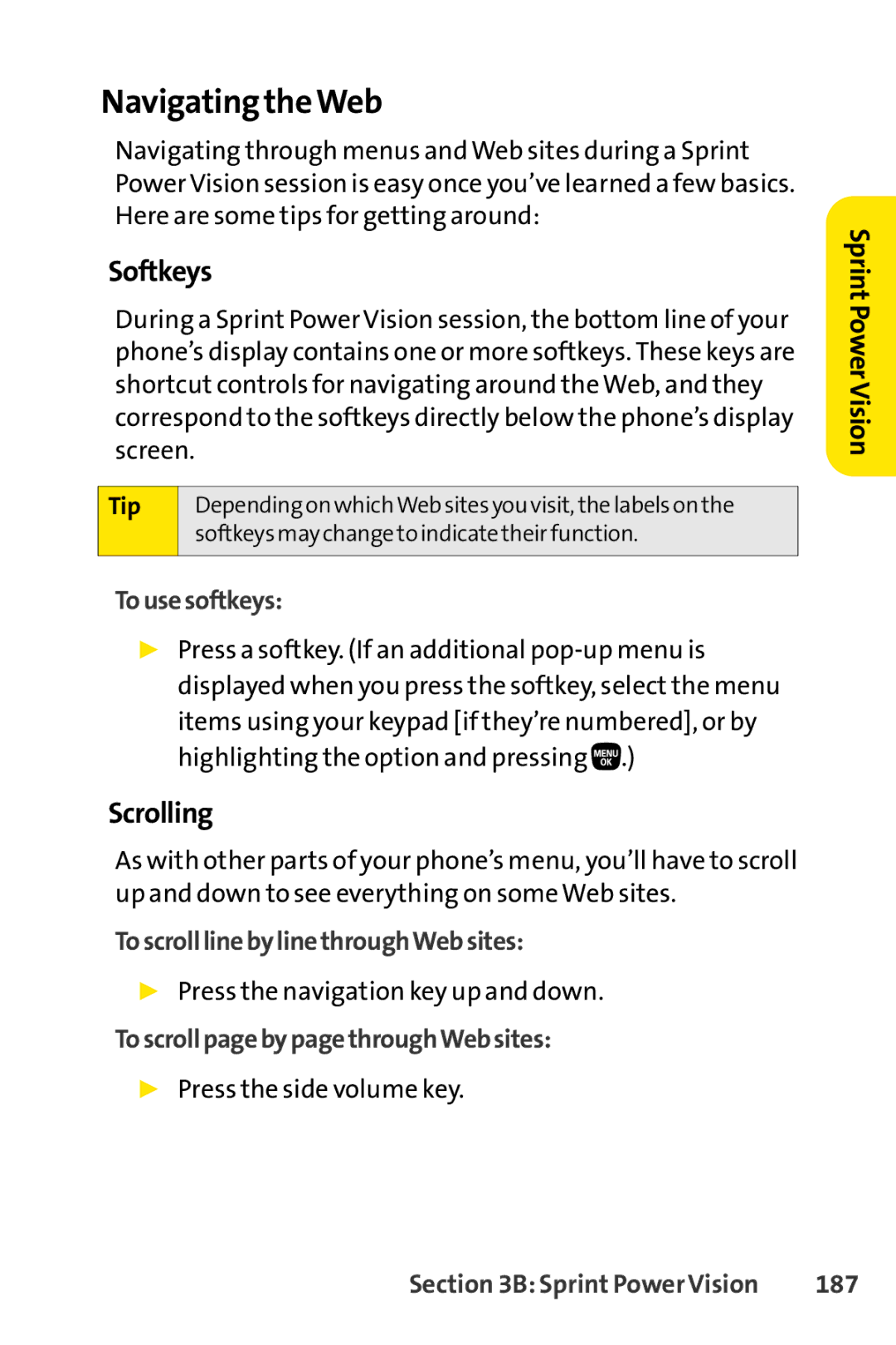 Sanyo PRO-200 manual Navigating theWeb, Softkeys, Scrolling 