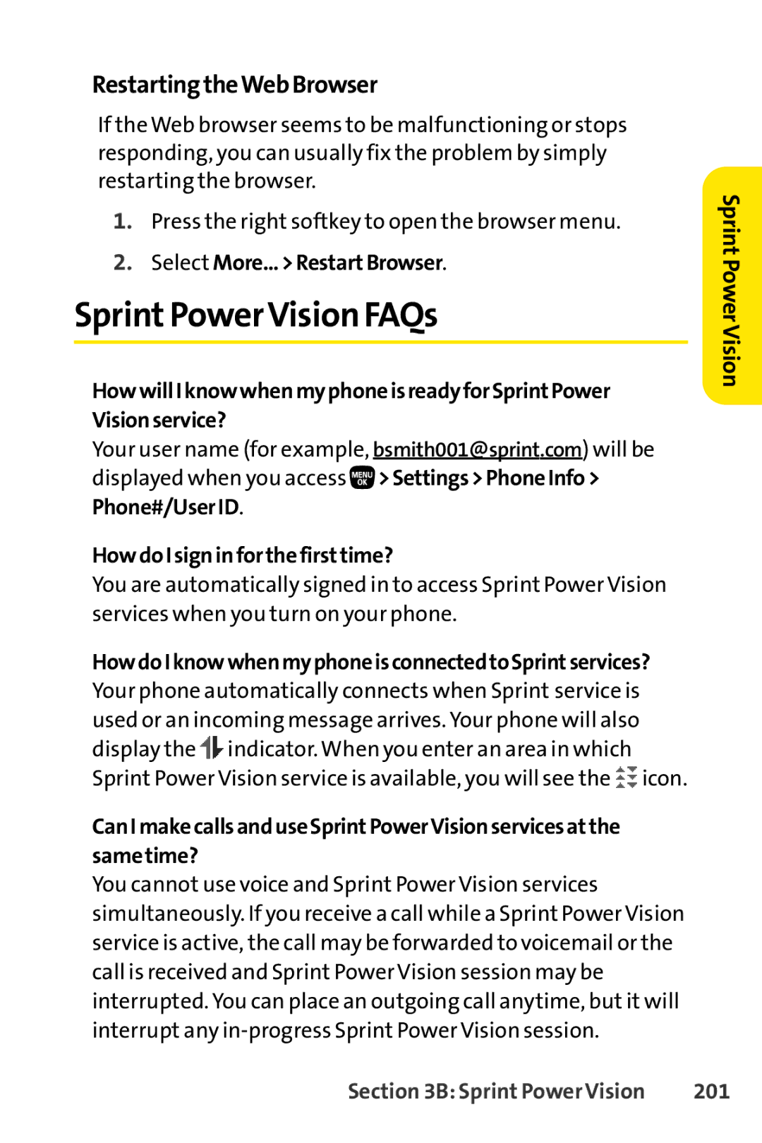 Sanyo PRO-200 SprintPowerVision FAQs, RestartingtheWebBrowser, Select More...RestartBrowser, HowdoIsigninforthefirsttime? 