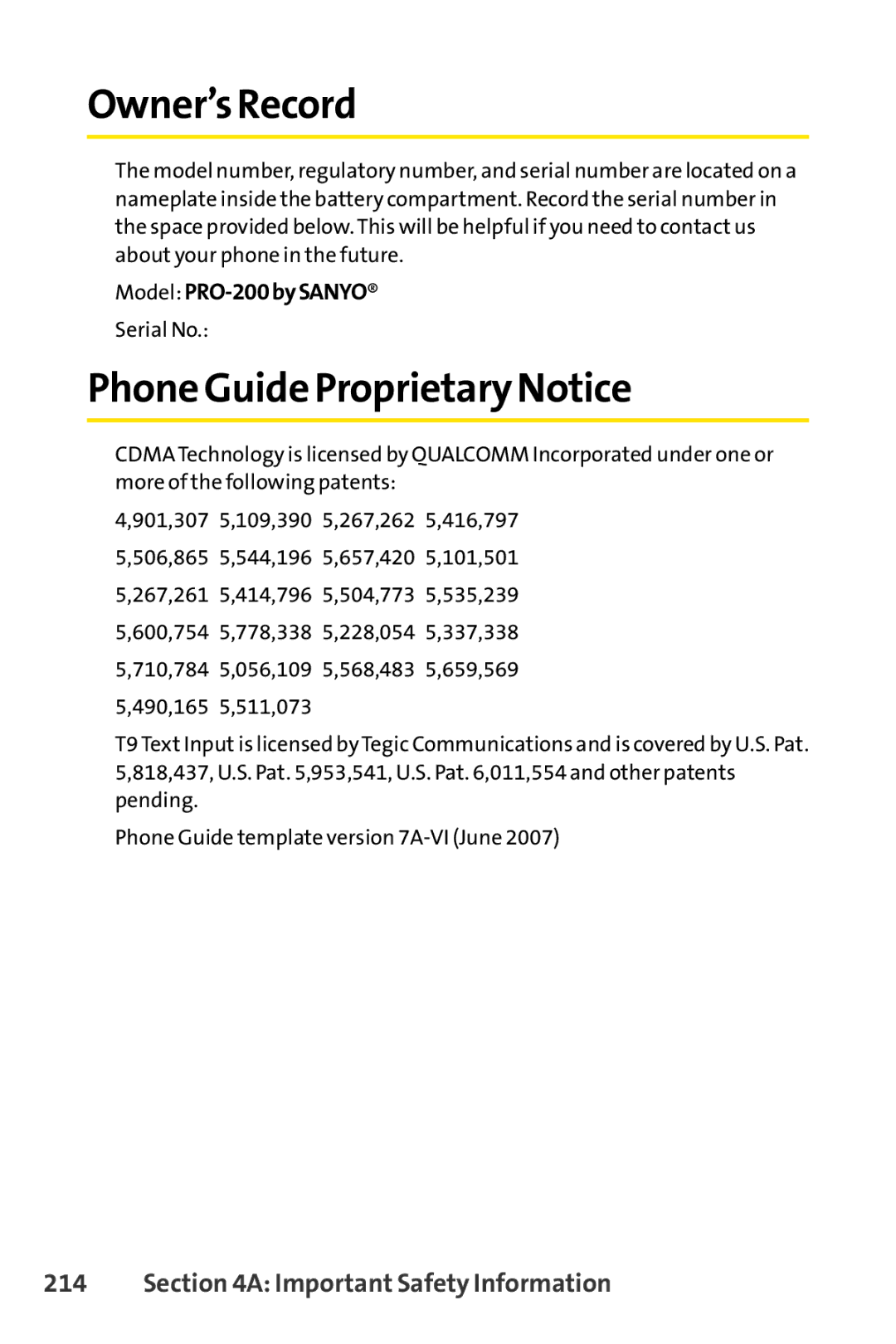 Sanyo PRO-200 manual Owner’s Record, Phone Guide Proprietary Notice 