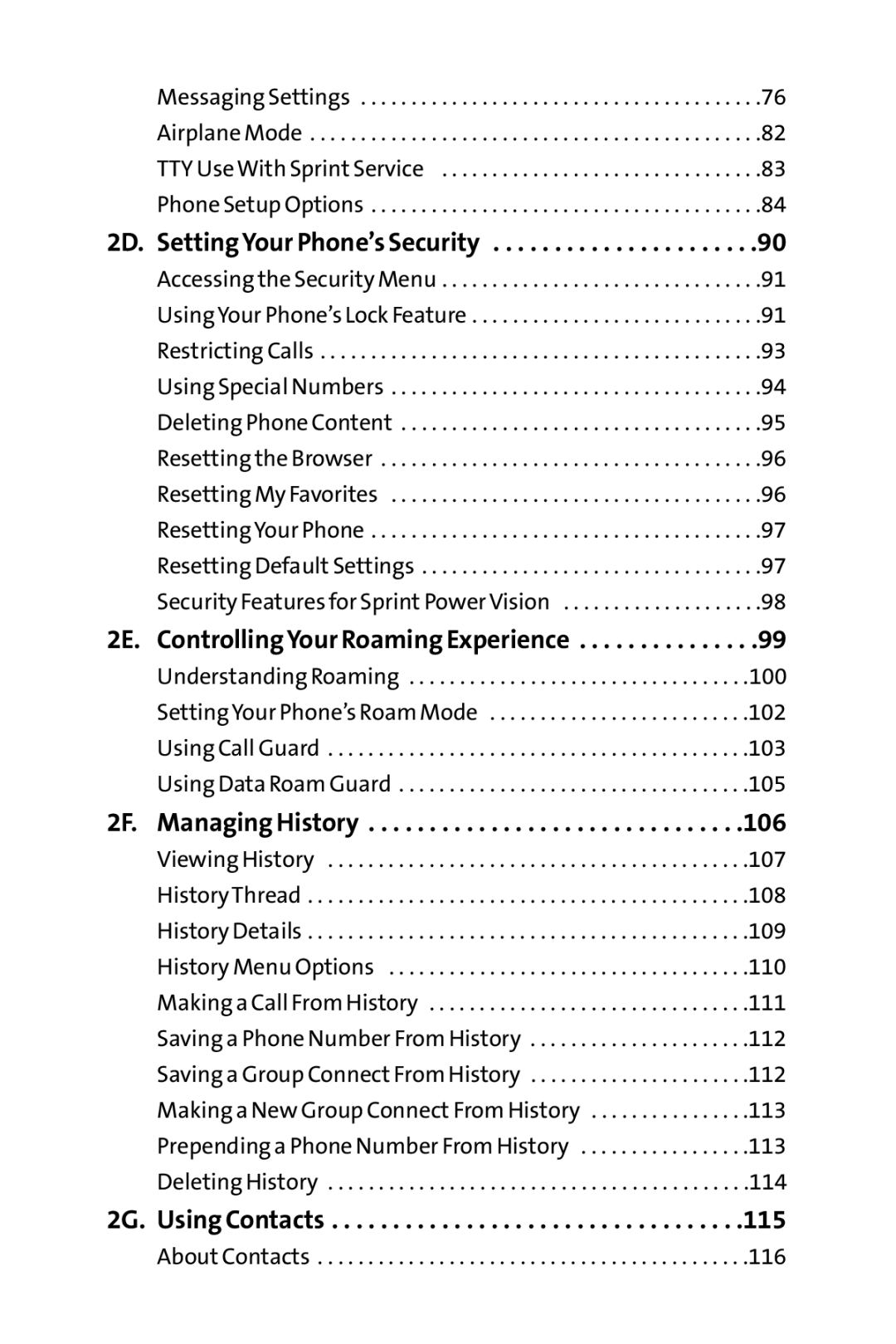 Sanyo PRO-200 manual 2E. Controlling Your Roaming Experience, 2F. Managing History, 2G. Using Contacts 