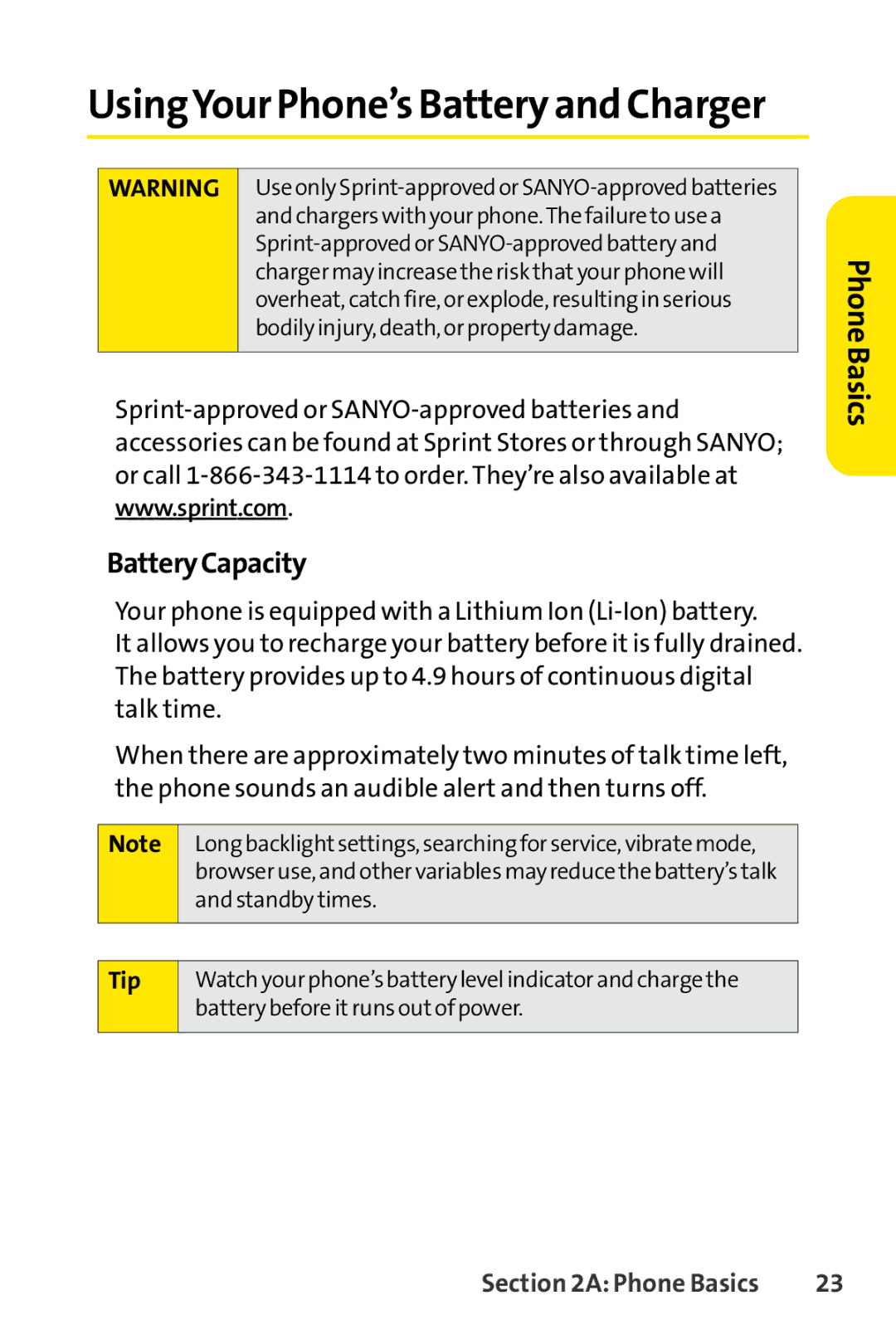 Sanyo PRO-200 manual UsingYour Phone’s Battery and Charger, BatteryCapacity 