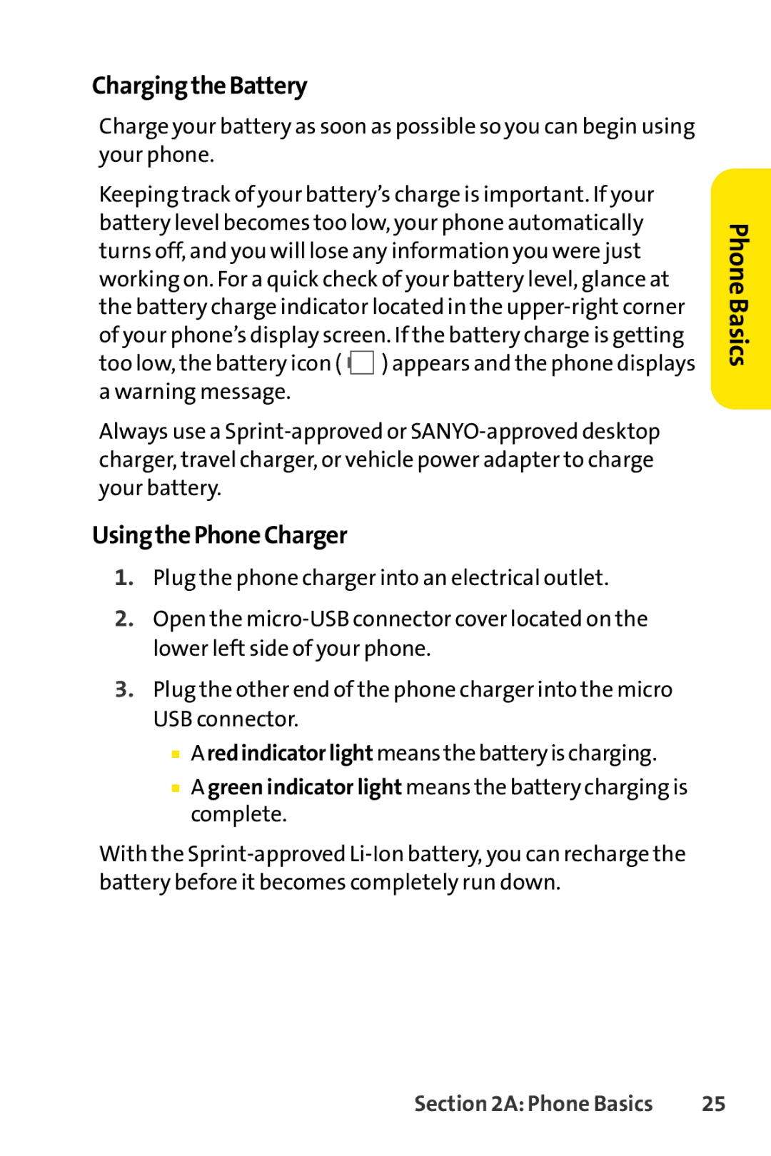 Sanyo PRO-200 manual ChargingtheBattery, UsingthePhoneCharger 