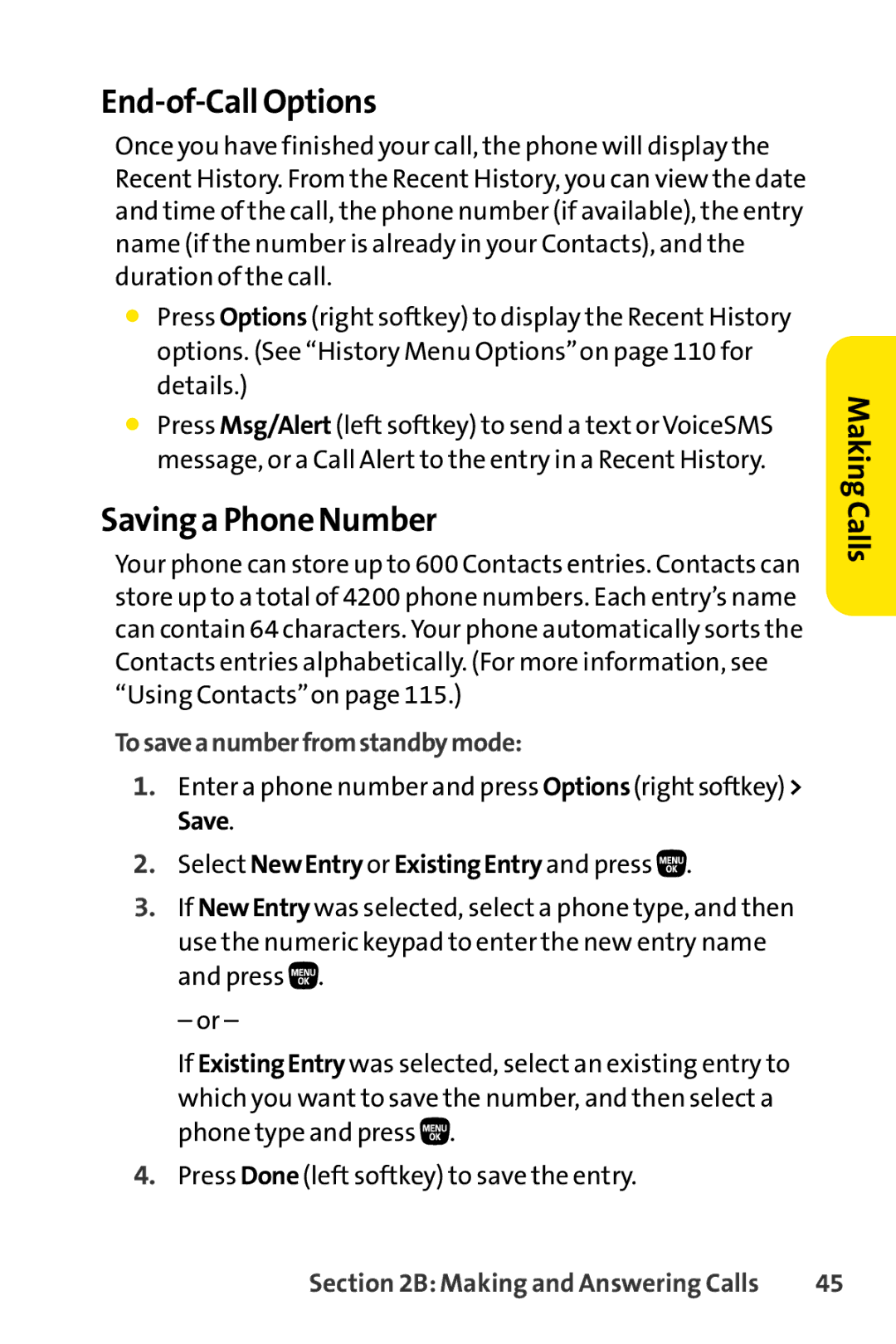 Sanyo PRO-200 manual End-of-Call Options, Saving a Phone Number, Tosaveanumberfromstandbymode 