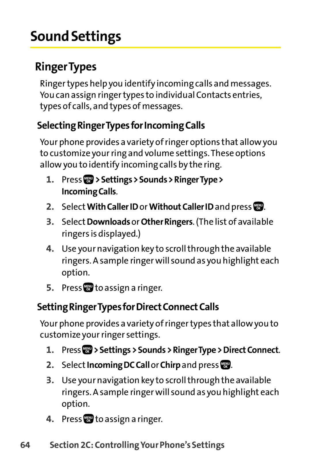 Sanyo PRO-200 manual Sound Settings, SelectingRingerTypesforIncomingCalls, SettingRingerTypesforDirectConnectCalls 