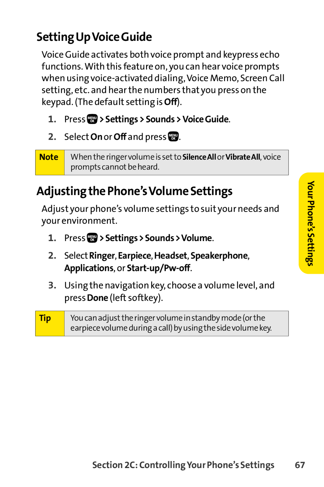 Sanyo PRO-200 manual Setting UpVoice Guide, Adjusting the Phone’sVolumeSettings, Press SettingsSoundsVoiceGuide 