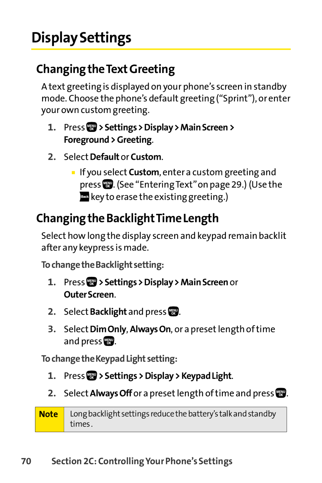 Sanyo PRO-200 Display Settings, Changing theTextGreeting, Changing the BacklightTime Length, TochangetheBacklightsetting 