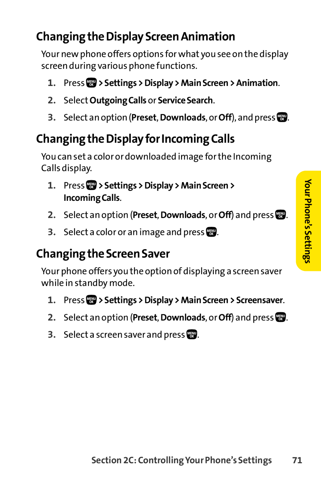 Sanyo PRO-200 Changing the Display ScreenAnimation, Changing the Display for Incoming Calls, Changing the Screen Saver 