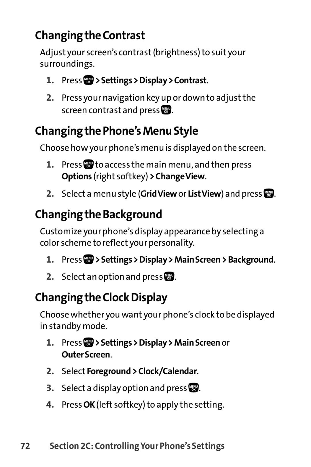 Sanyo PRO-200 Changing the Contrast, Changing the Phone’s Menu Style, Changing the Background, Changing the Clock Display 