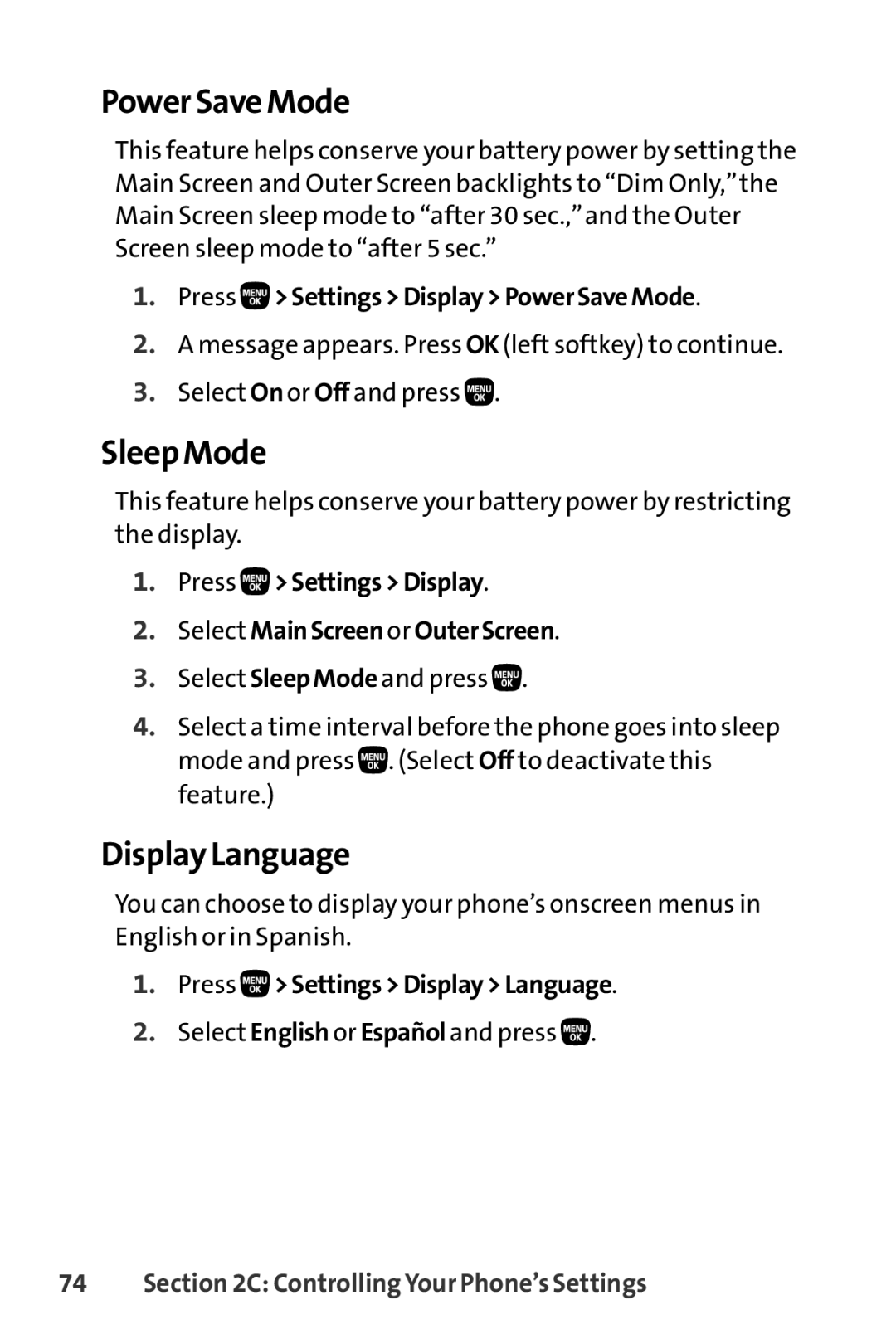 Sanyo PRO-200 manual Power Save Mode, Sleep Mode, DisplayLanguage 