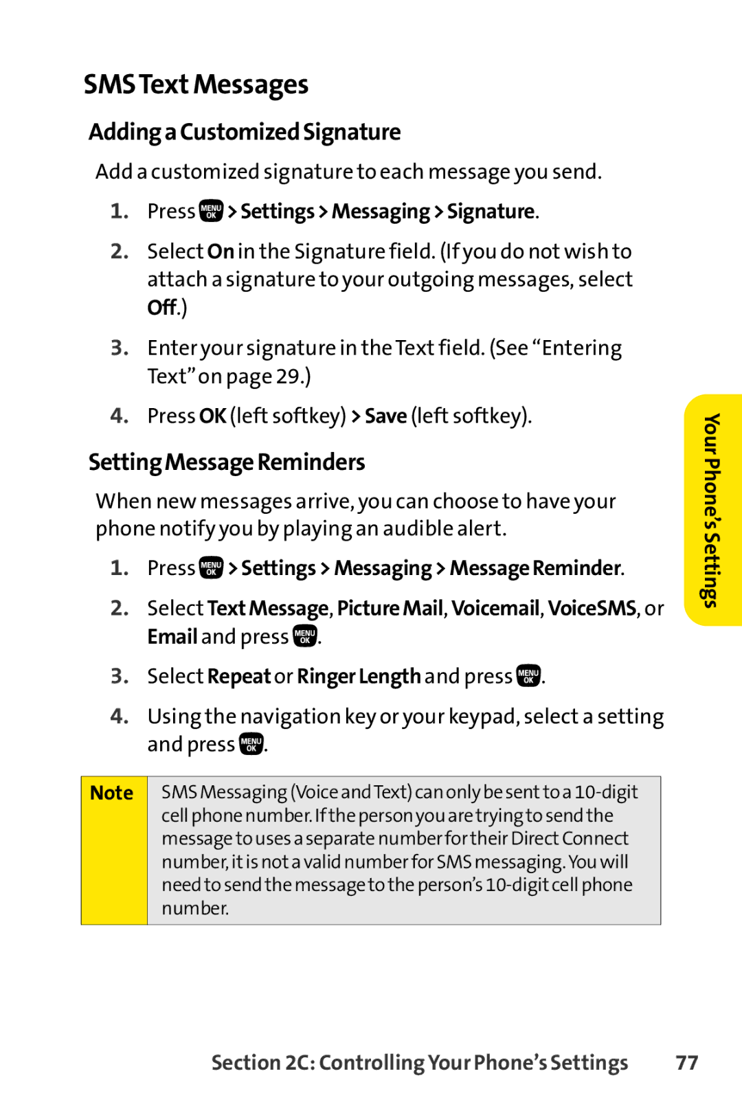 Sanyo PRO-200 manual SMSTextMessages, AddingaCustomizedSignature, SettingMessageReminders, Press SettingsMessagingSignature 