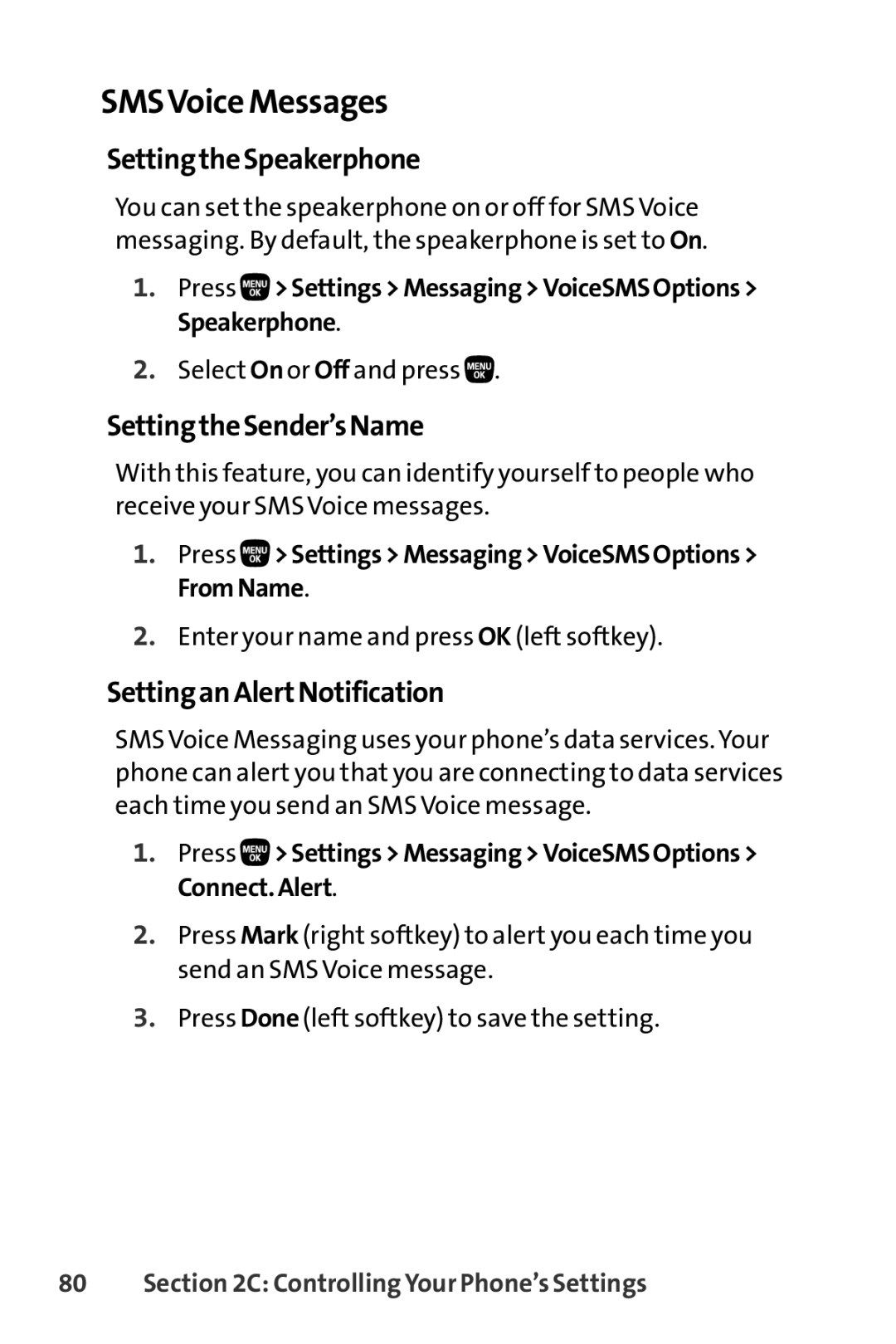 Sanyo PRO-200 manual SMSVoice Messages, SettingtheSpeakerphone, SettingtheSender’sName, SettinganAlertNotification 