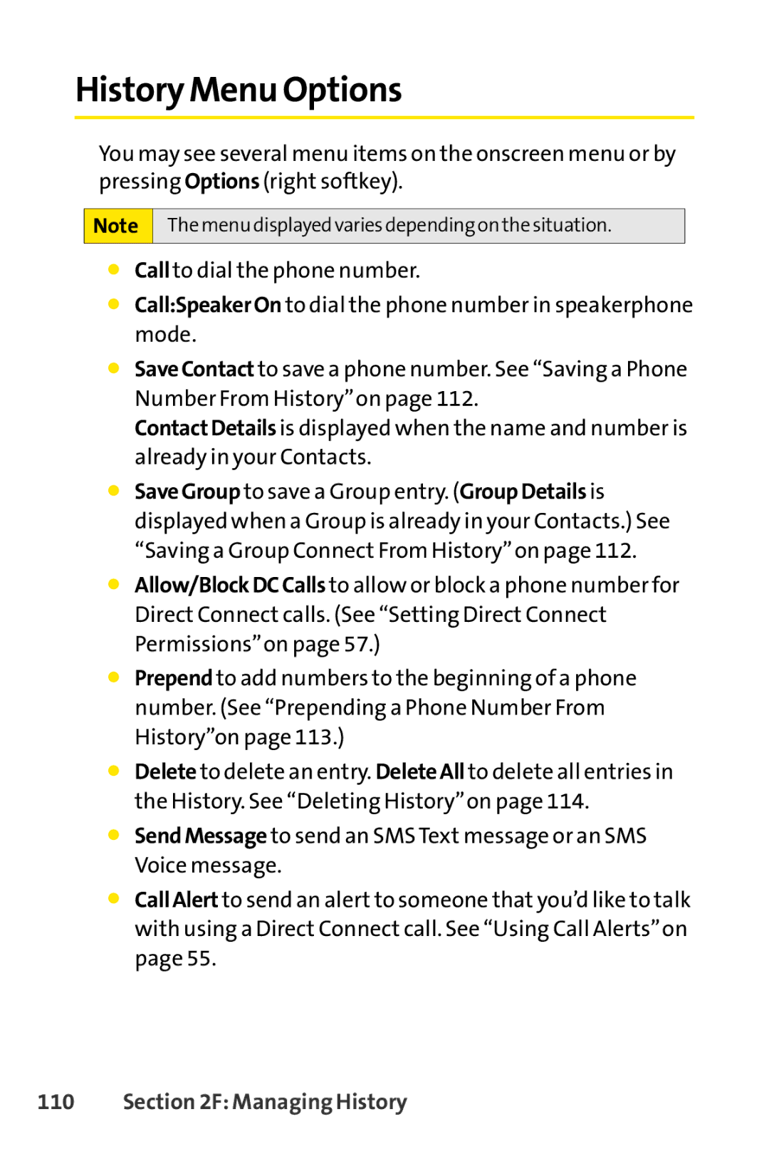 Sanyo PRO-700 manual History Menu Options 