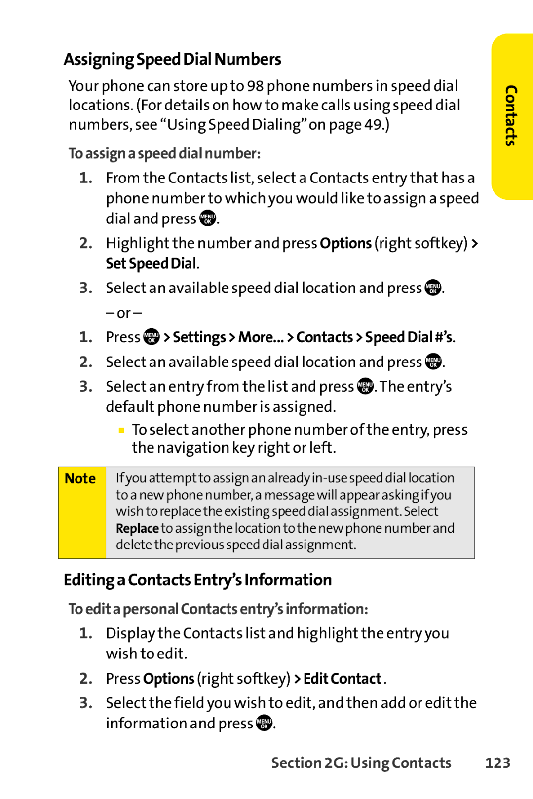 Sanyo PRO-700 manual AssigningSpeedDialNumbers, EditingaContactsEntry’sInformation, Toassignaspeeddialnumber, 123 