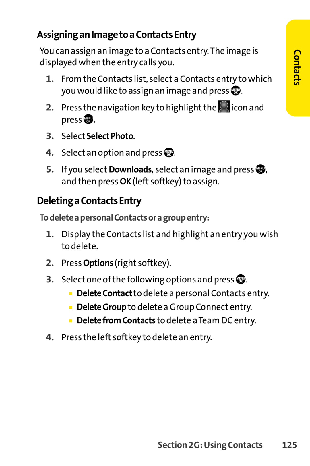 Sanyo PRO-700 manual AssigninganImagetoaContactsEntry, DeletingaContactsEntry, Select SelectPhoto, 125 