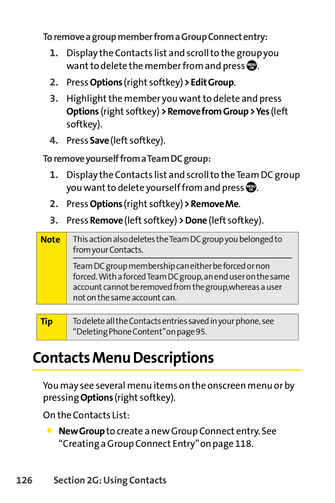 Sanyo PRO-700 Contacts Menu Descriptions, ToremoveagroupmemberfromaGroupConnectentry, ToremoveyourselffromaTeamDCgroup 