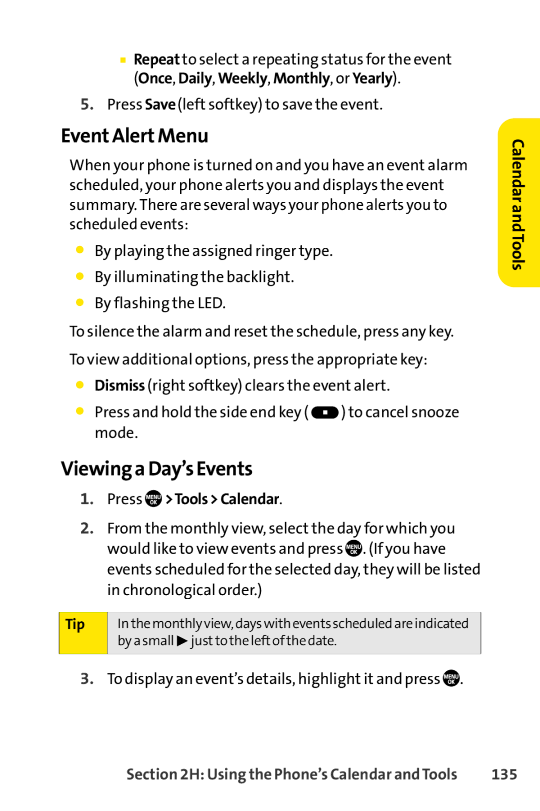 Sanyo PRO-700 manual Event Alert Menu, Viewing a Day’s Events, Press ToolsCalendar, 135 