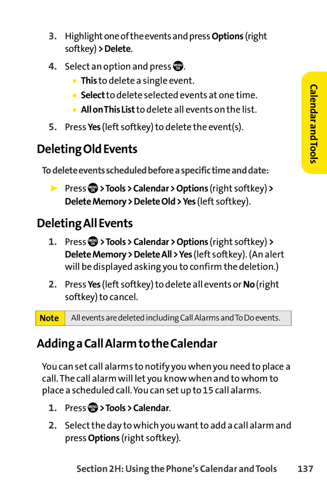 Sanyo PRO-700 manual Deleting Old Events, Deleting All Events, Adding a Call Alarm to the Calendar, 137 
