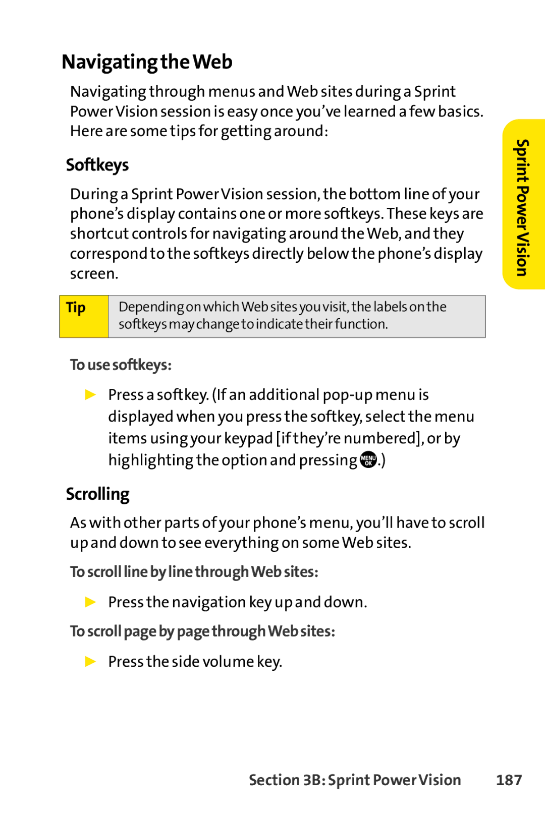 Sanyo PRO-700 manual Navigating theWeb, Softkeys, Scrolling 