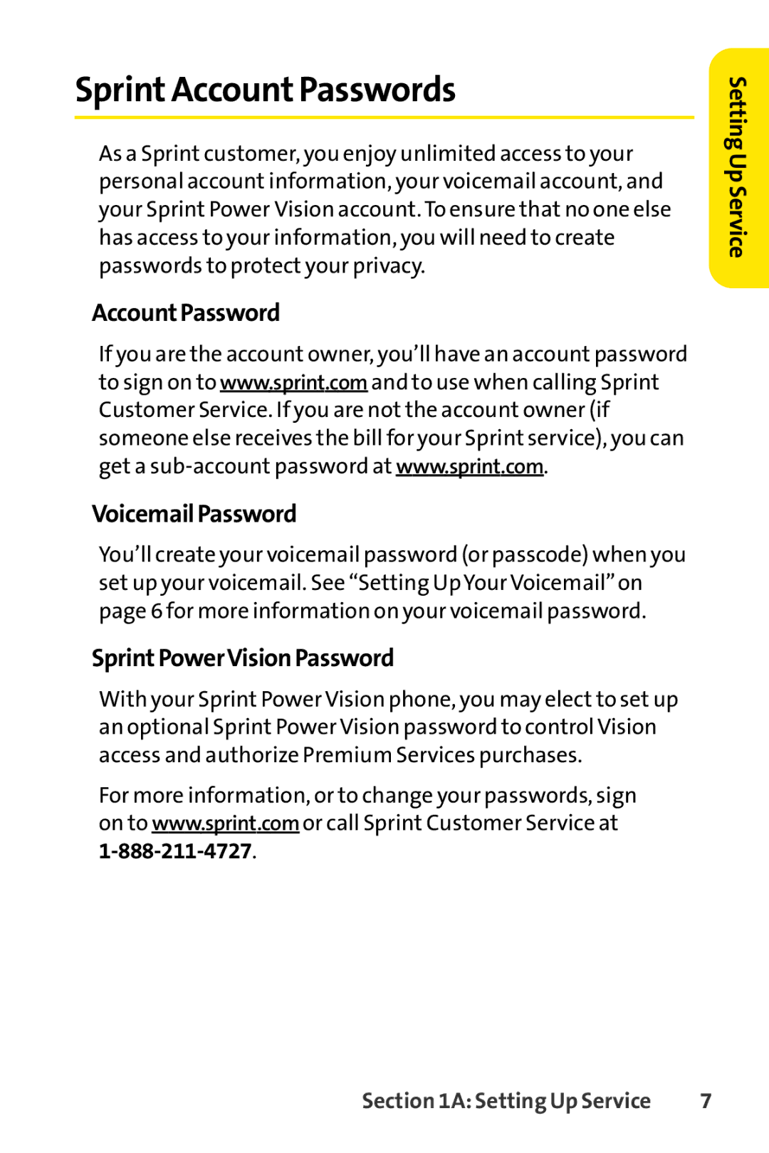 Sanyo PRO-700 manual Sprint Account Passwords, Account Password VoicemailPassword, SprintPowerVisionPassword 