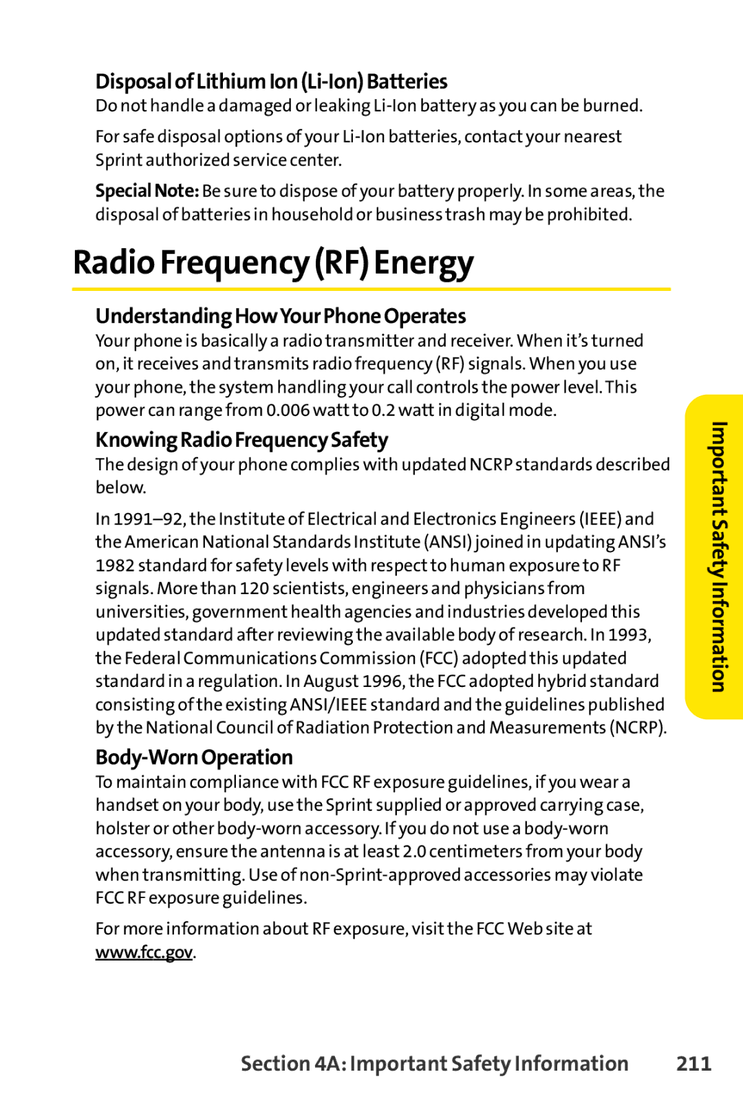 Sanyo PRO-700 manual Radio Frequency RF Energy, 211 