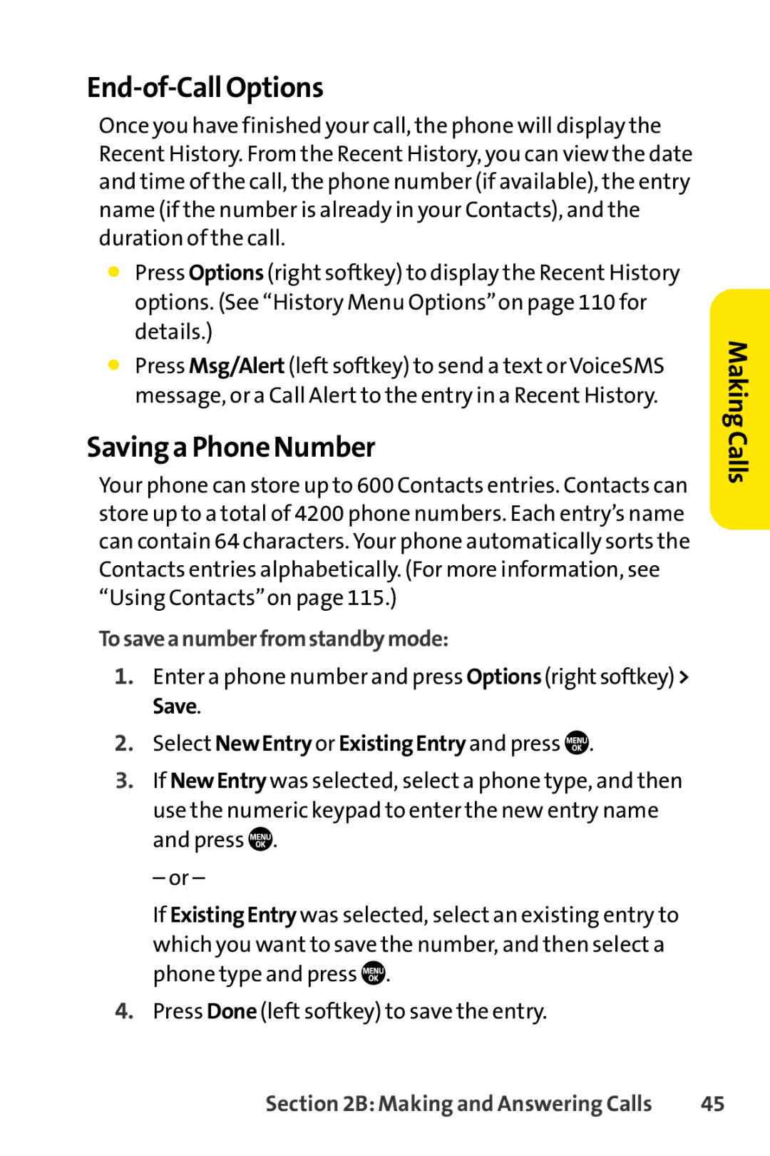 Sanyo PRO-700 manual End-of-Call Options, Saving a Phone Number, Tosaveanumberfromstandbymode 