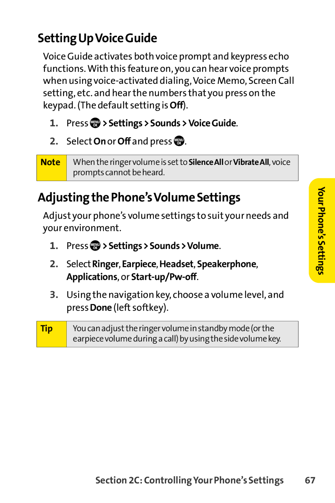 Sanyo PRO-700 manual Setting UpVoice Guide, Adjusting the Phone’sVolumeSettings, Press SettingsSoundsVoiceGuide 