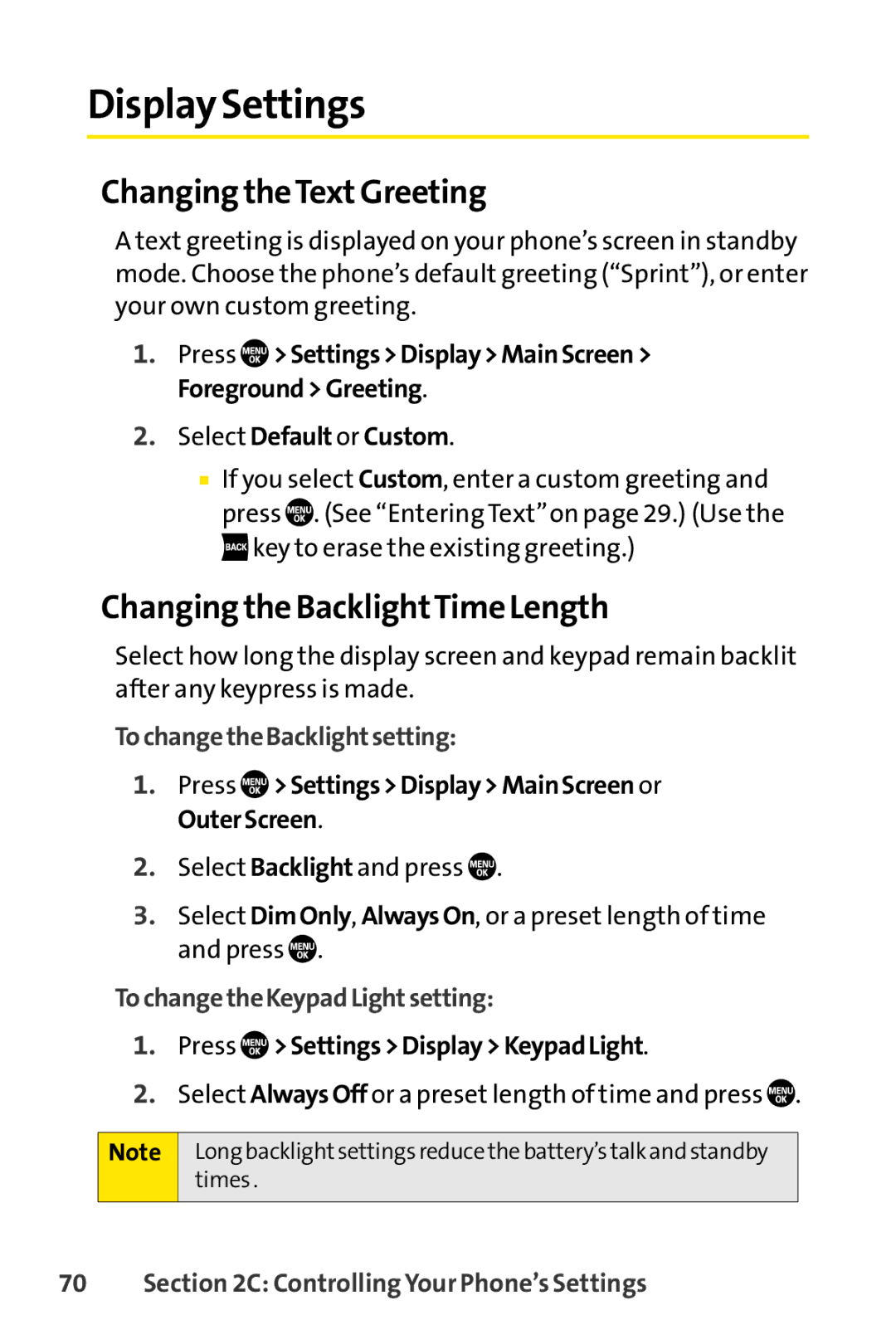 Sanyo PRO-700 Display Settings, Changing theTextGreeting, Changing the BacklightTime Length, TochangetheBacklightsetting 