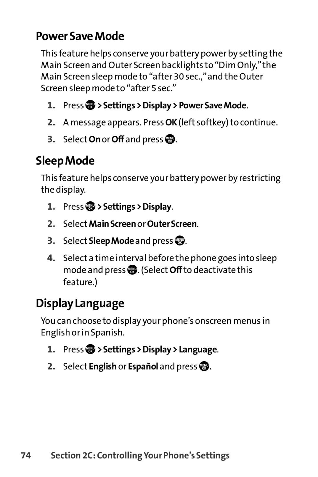 Sanyo PRO-700 manual Power Save Mode, Sleep Mode, DisplayLanguage 