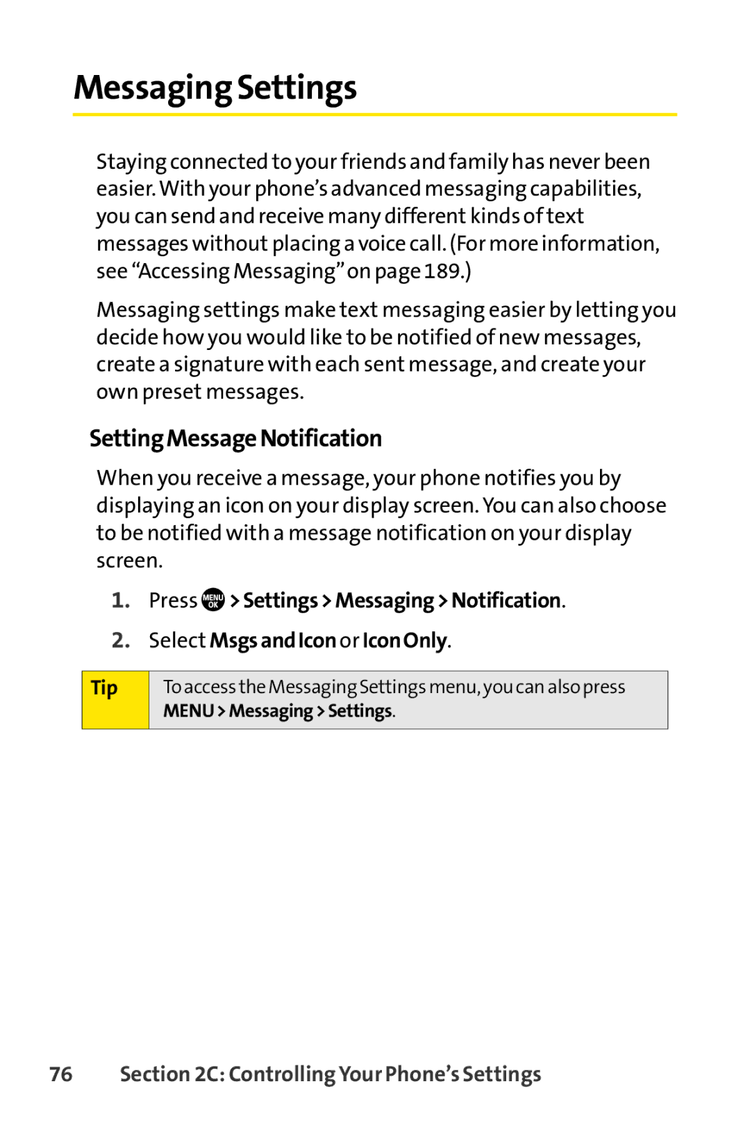 Sanyo PRO-700 manual Messaging Settings, SettingMessageNotification 