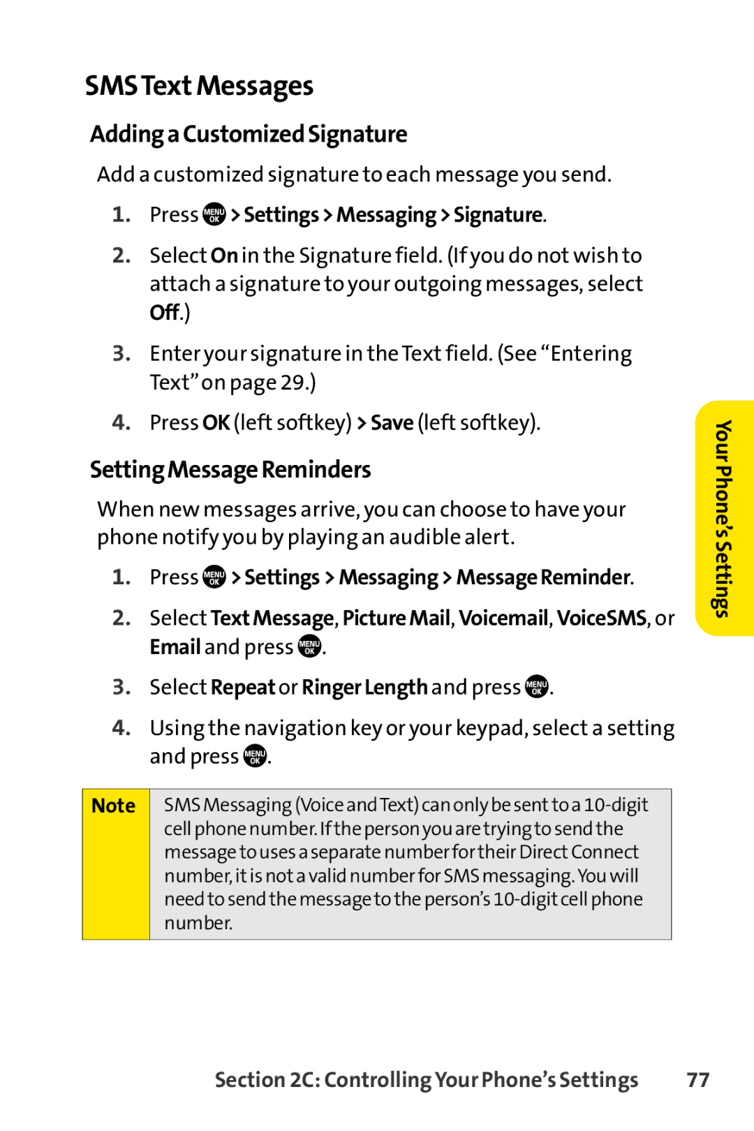 Sanyo PRO-700 manual SMSTextMessages, AddingaCustomizedSignature, SettingMessageReminders, Press SettingsMessagingSignature 