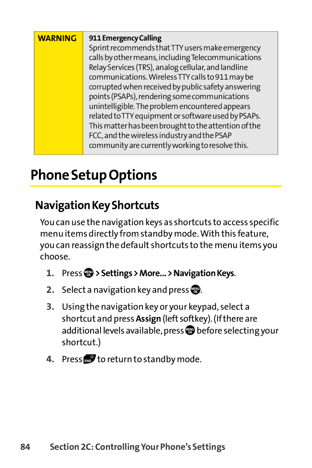 Sanyo PRO-700 manual Phone Setup Options, Navigation KeyShortcuts, Press SettingsMore...NavigationKeys 