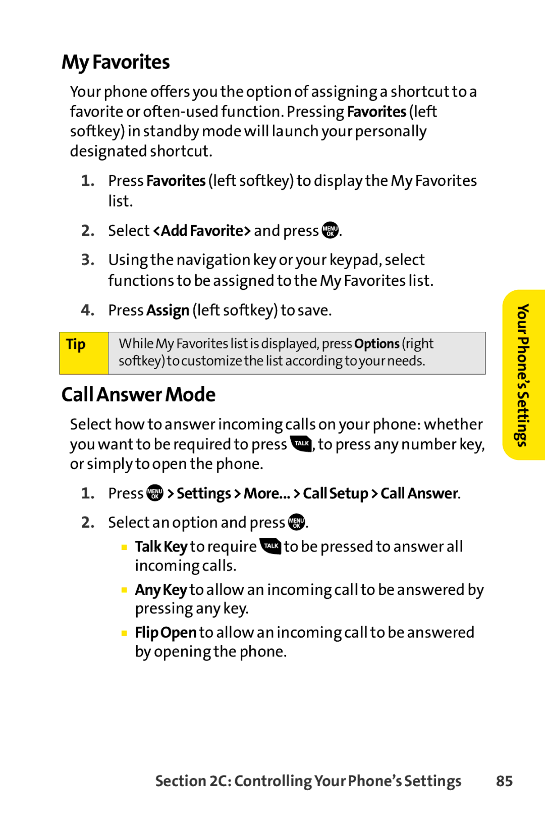 Sanyo PRO-700 manual My Favorites, Call Answer Mode, Press SettingsMore...CallSetupCallAnswer 