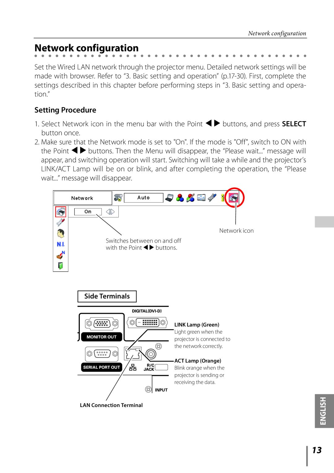 Sanyo Proj05 owner manual Network configuration, Setting Procedure 