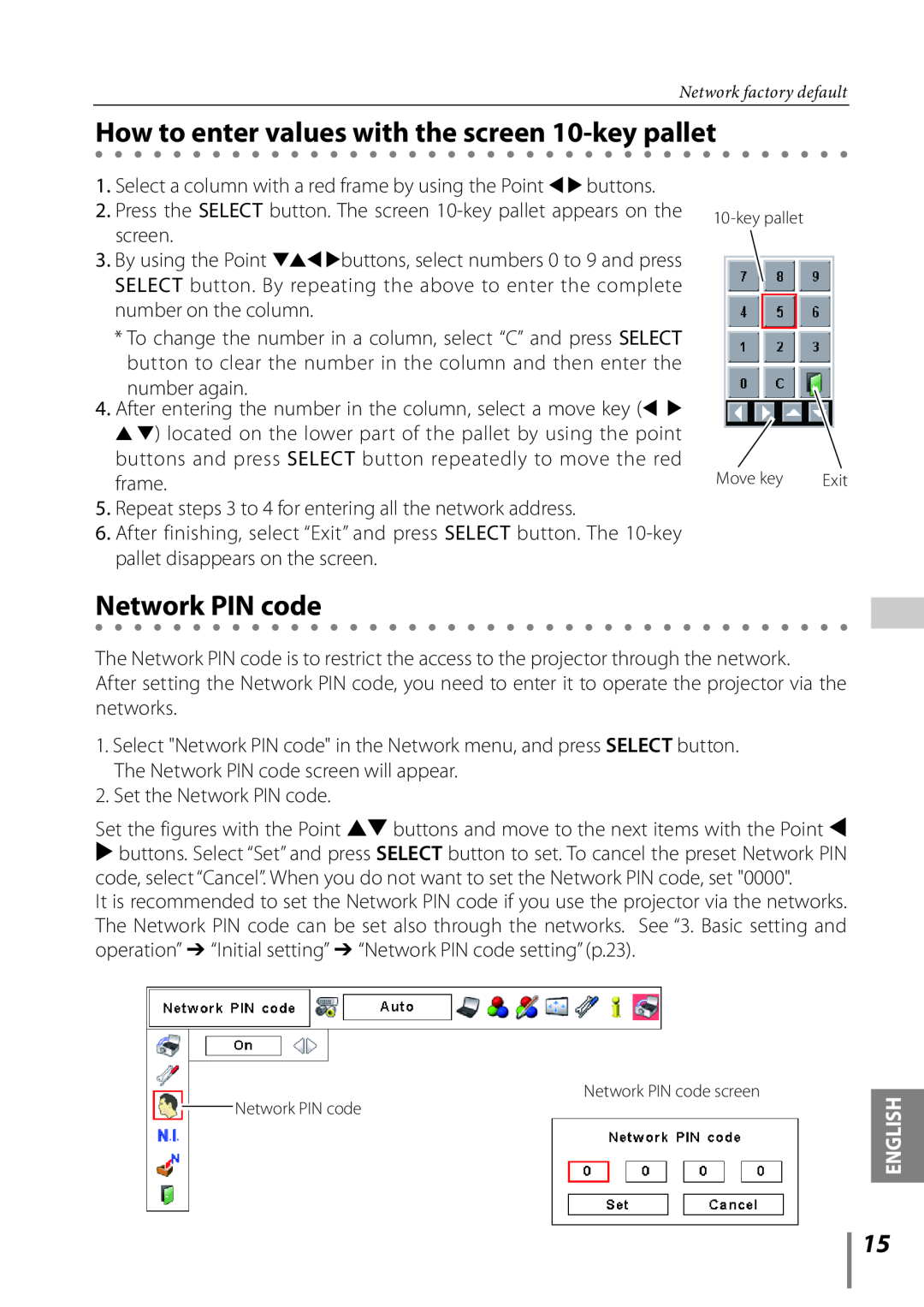 Sanyo Proj05 owner manual How to enter values with the screen 10-key pallet, Network PIN code 