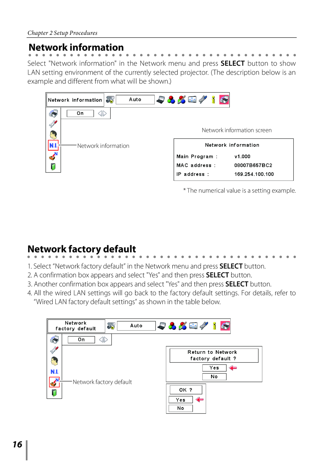 Sanyo Proj05 owner manual Network factory default, Network information screen Network information 