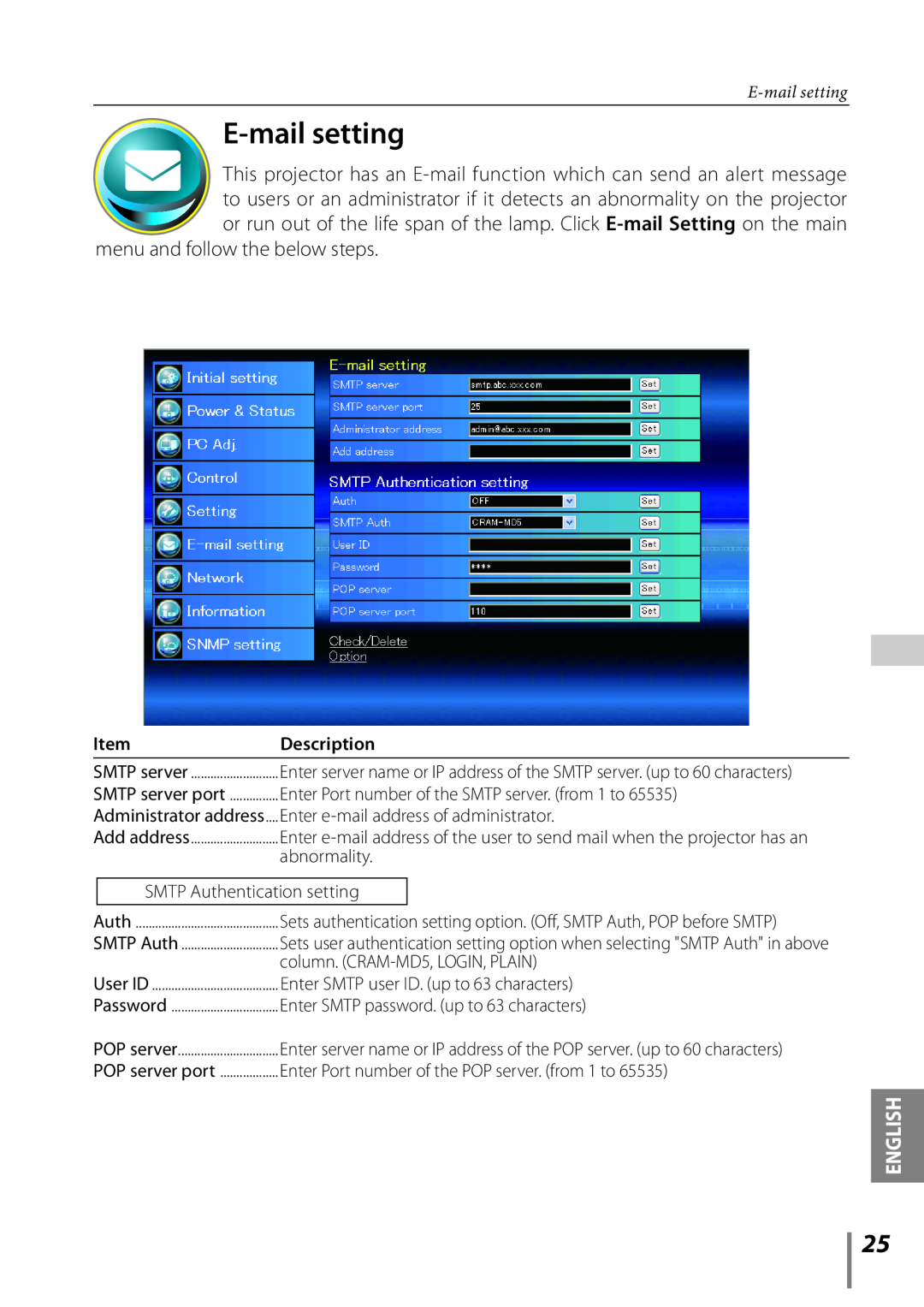 Sanyo Proj05 owner manual E-mail setting, menu and follow the below steps, English, Description 