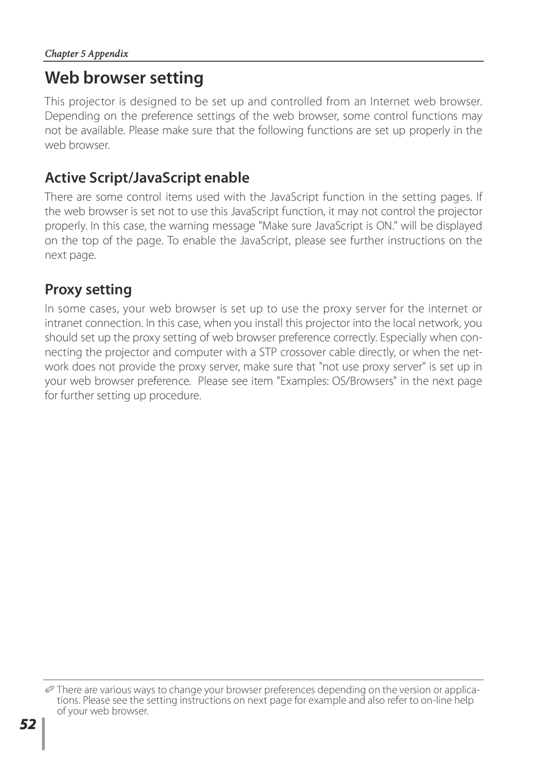 Sanyo Proj05 owner manual Web browser setting, Active Script/JavaScript enable, Proxy setting 