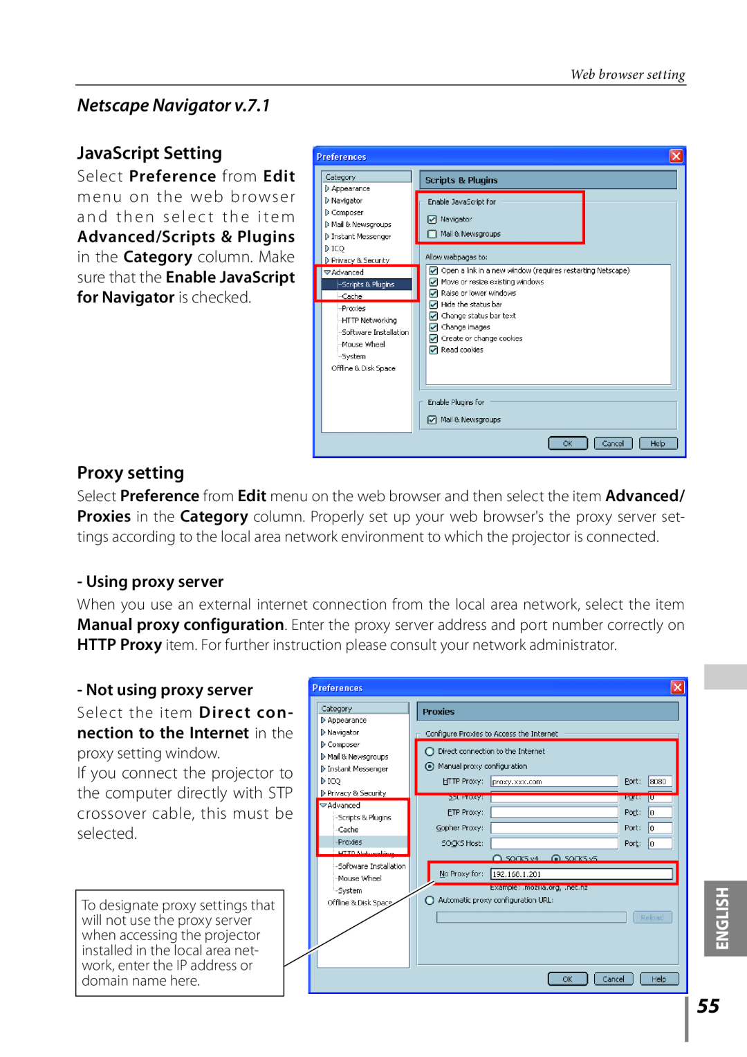 Sanyo Proj05 Netscape Navigator, JavaScript Setting, Proxy setting, Using proxy server, Not using proxy server, English 