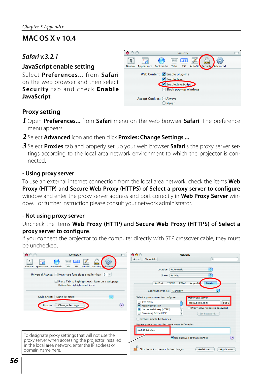 Sanyo Proj05 MAC OS X v, Safari, JavaScript enable setting, Select Advanced icon and then click Proxies Change Settings 