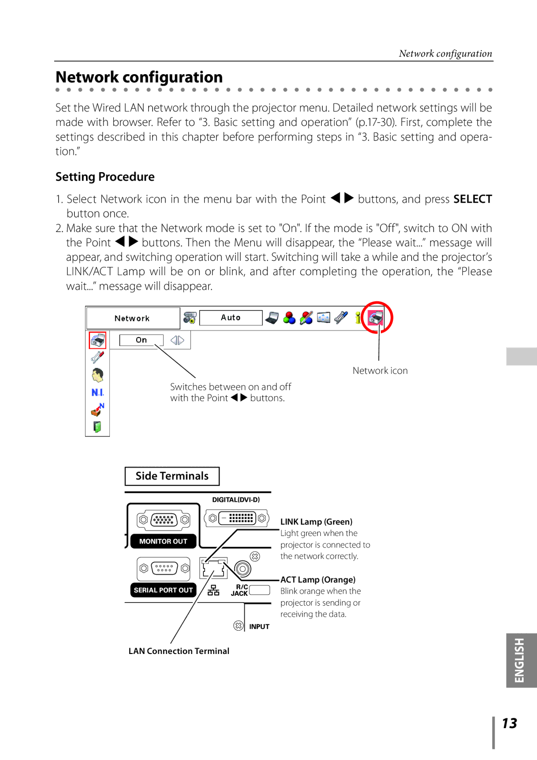 Sanyo Proj05 owner manual Network configuration, Network icon 