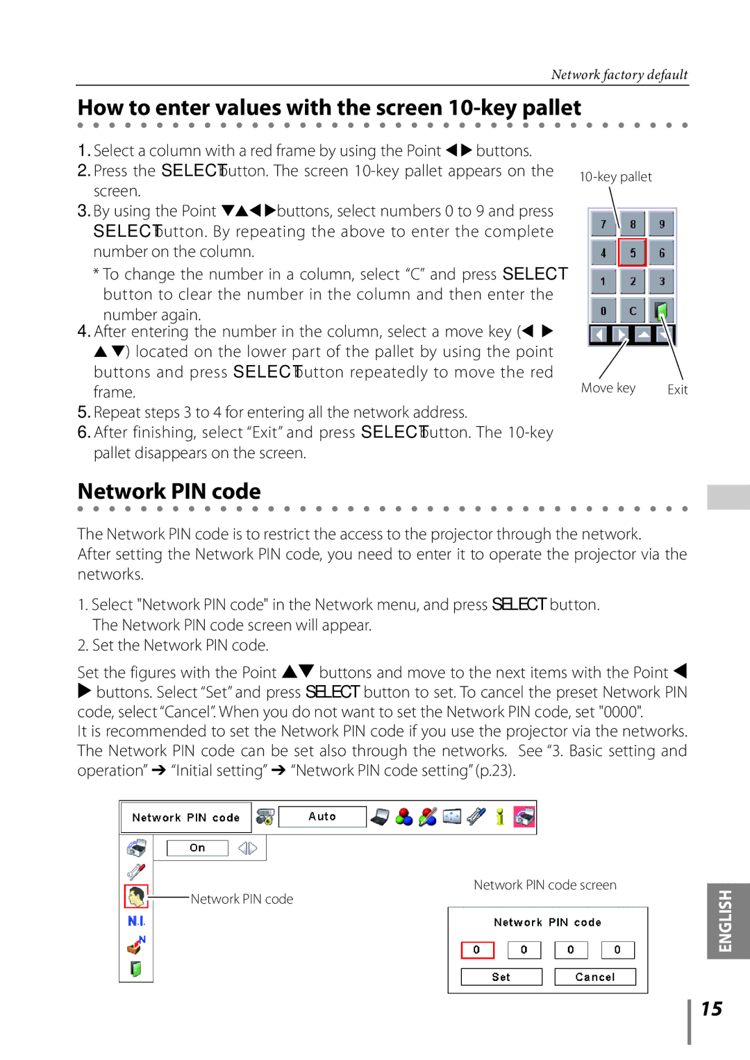 Sanyo Proj05 owner manual Key pallet Move key, Network PIN code Network PIN code screen 