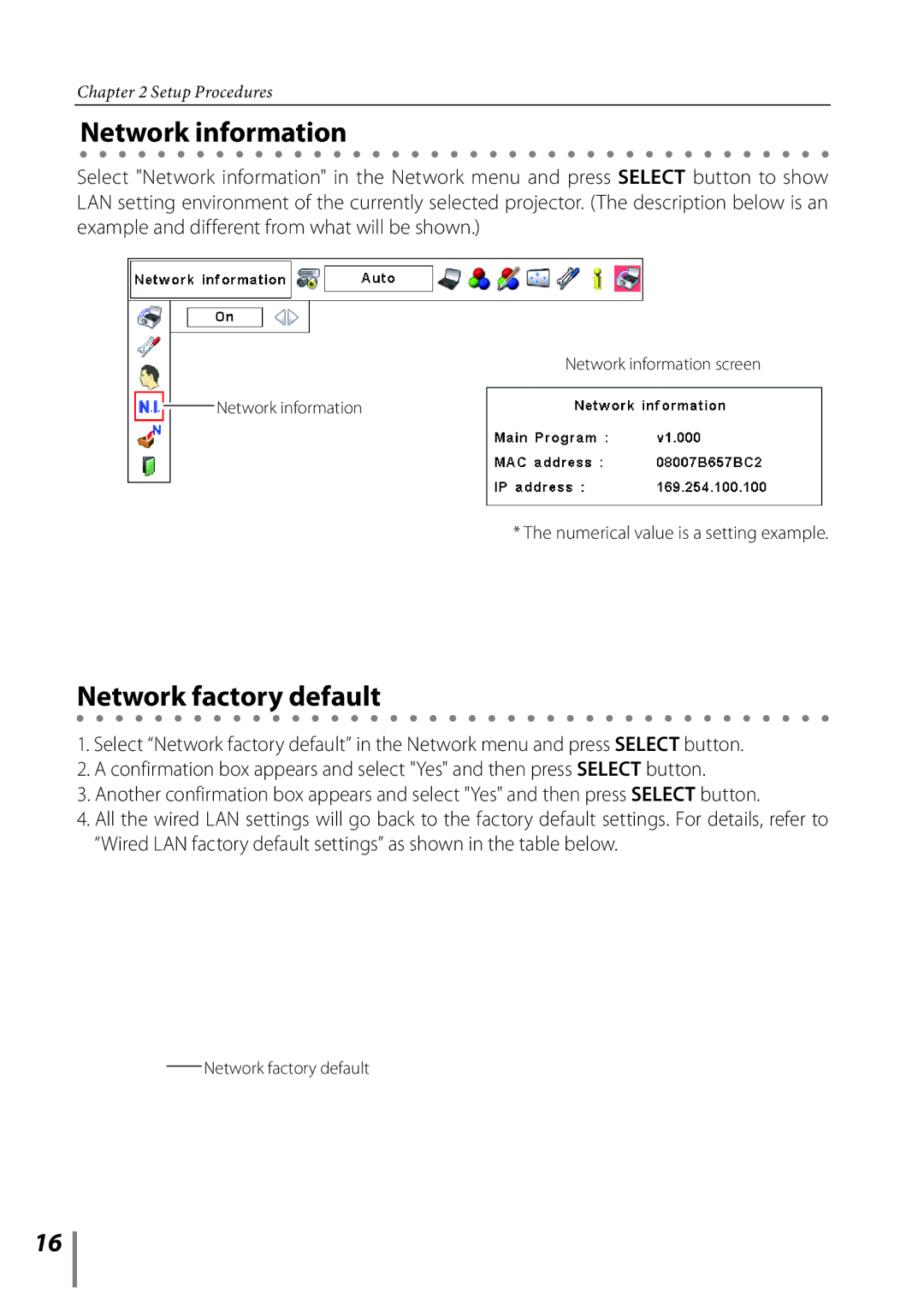 Sanyo Proj05 owner manual Network information, Network factory default 