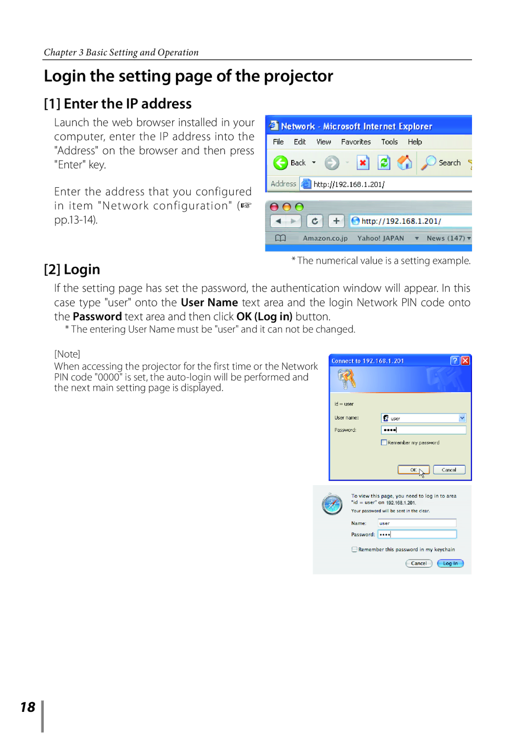 Sanyo Proj05 owner manual Login the setting page of the projector, Enter the IP address 