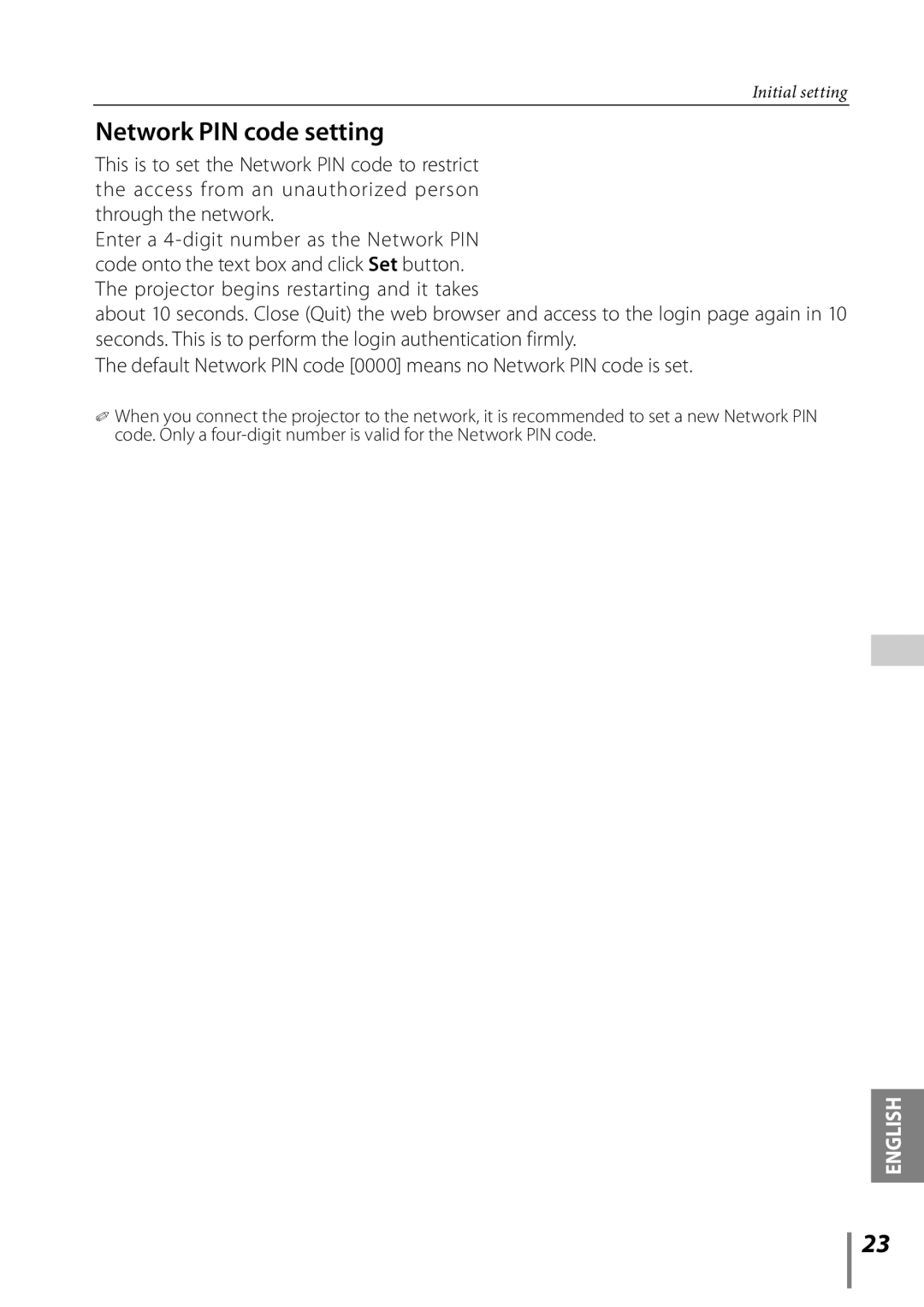 Sanyo Proj05 owner manual Network PIN code setting 