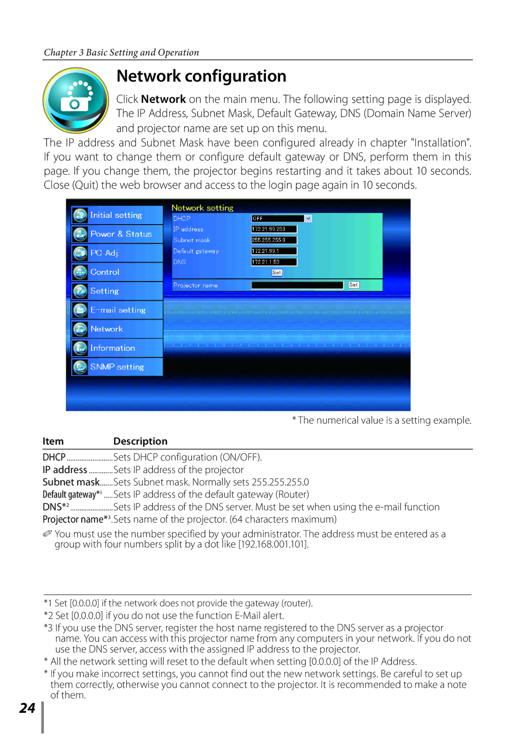 Sanyo Proj05 owner manual Network configuration, Sets Dhcp configuration ON/OFF 